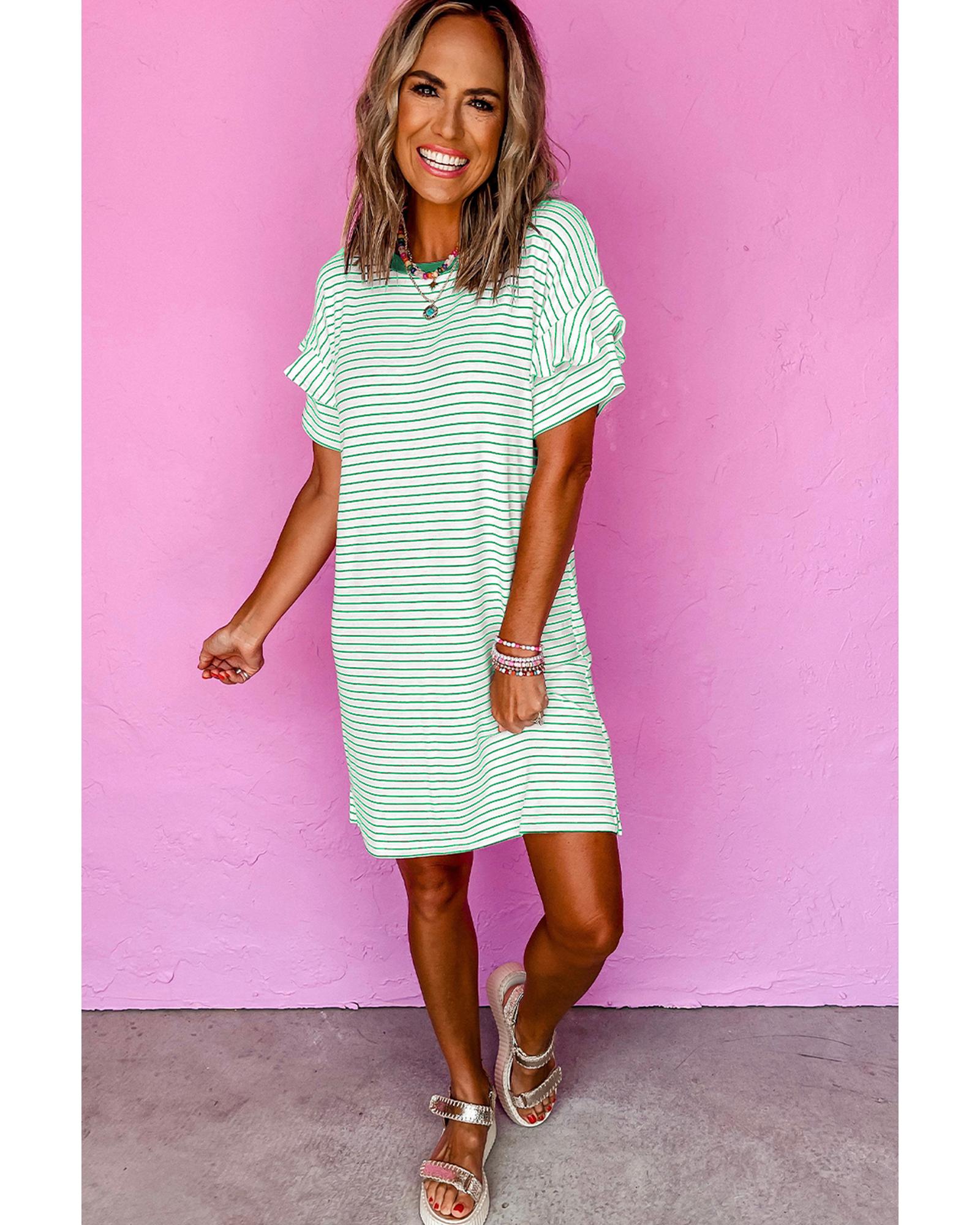 Green Stripe Ruffled Short Sleeve Crew Neck T Shirt Shift Mini Dress - XL 5