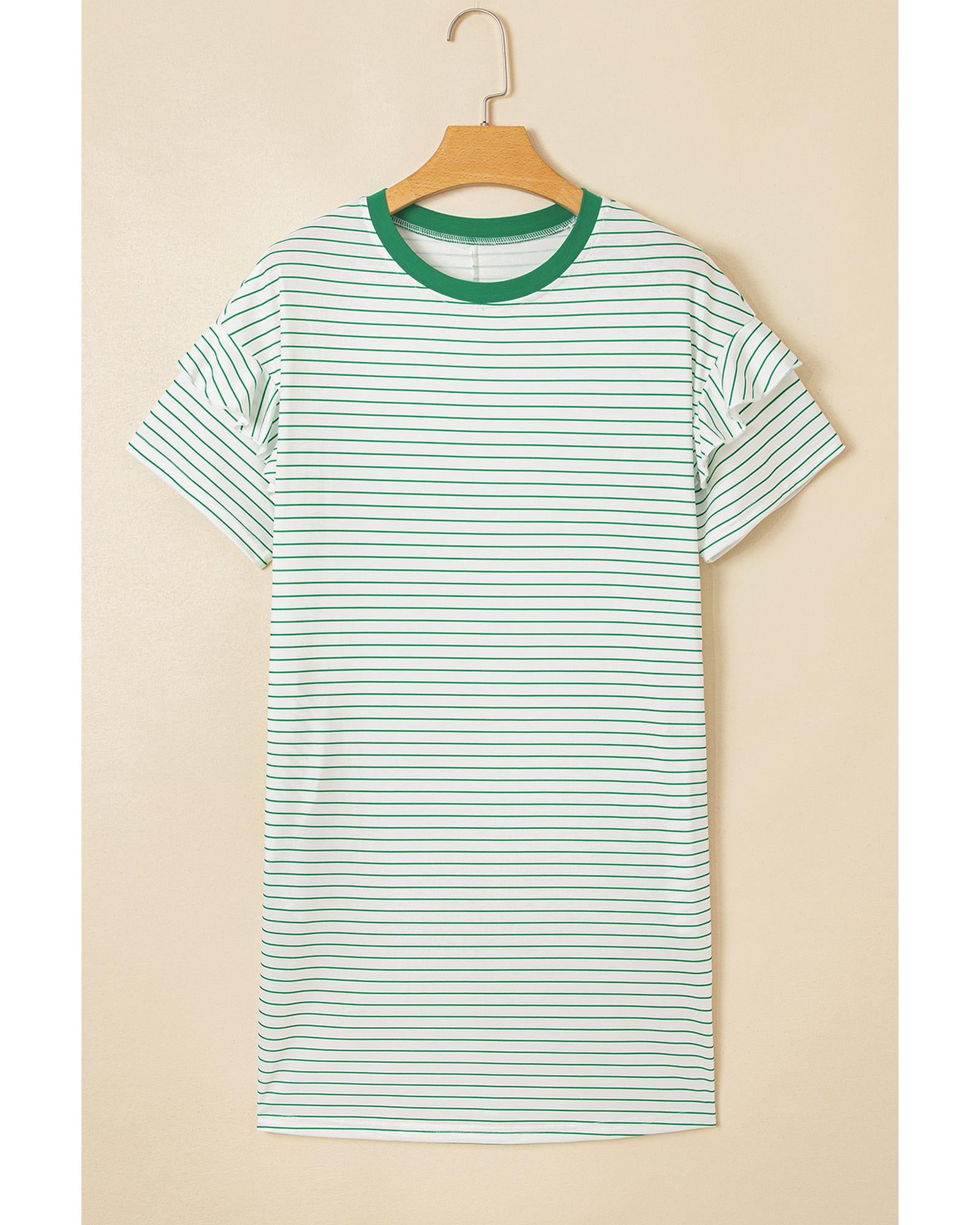 Green Stripe Ruffled Short Sleeve Crew Neck T Shirt Shift Mini Dress - XL 6
