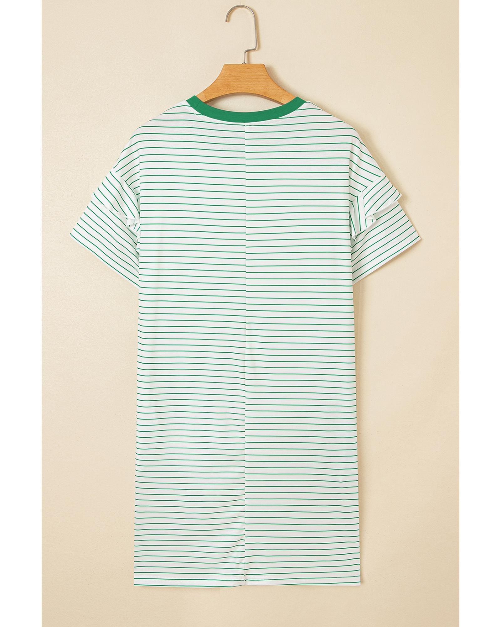 Green Stripe Ruffled Short Sleeve Crew Neck T Shirt Shift Mini Dress - XL 7