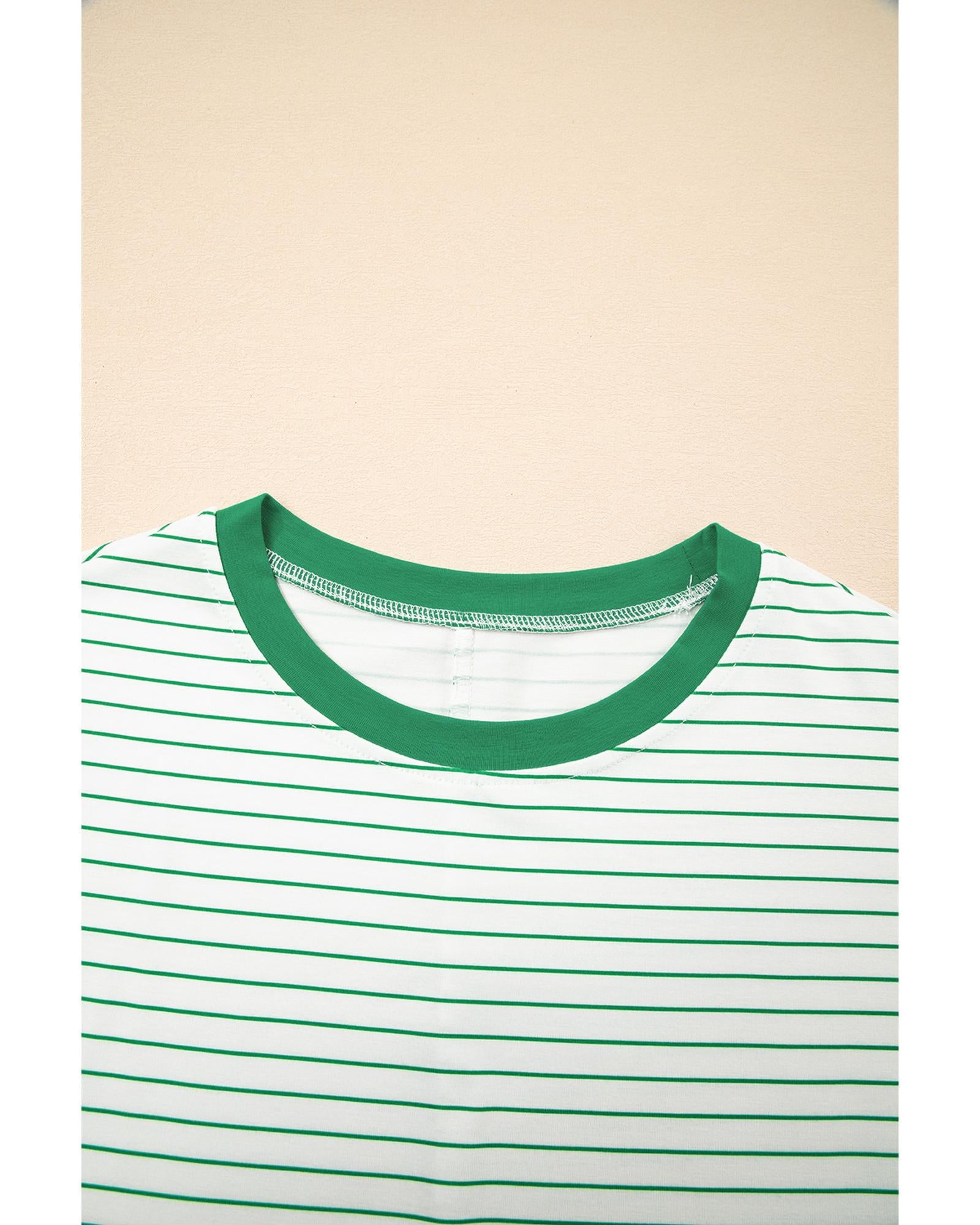 Green Stripe Ruffled Short Sleeve Crew Neck T Shirt Shift Mini Dress - XL 8