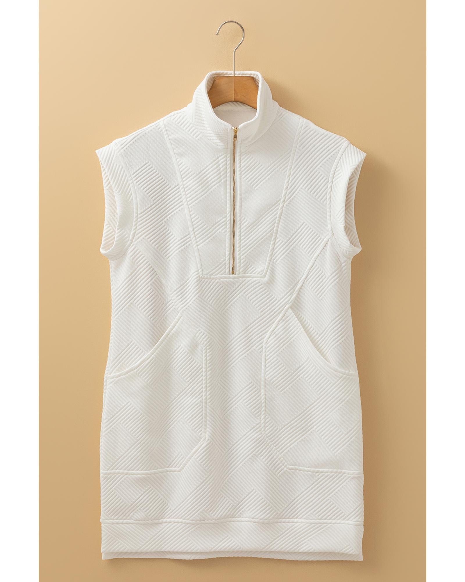 White Textured Half Zip Collared Cap Sleeve Mini Dress - M 3