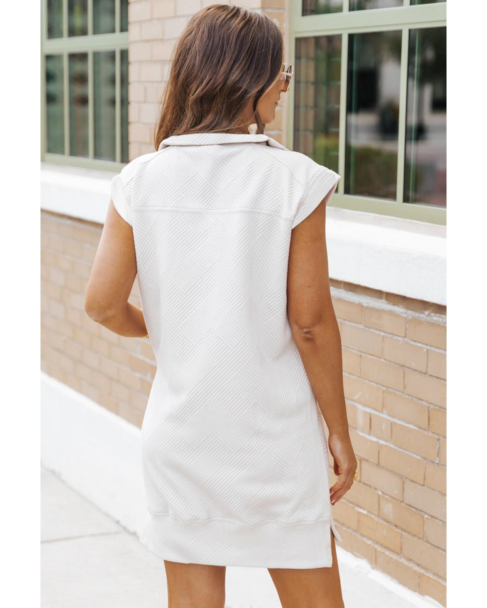 White Textured Half Zip Collared Cap Sleeve Mini Dress - S