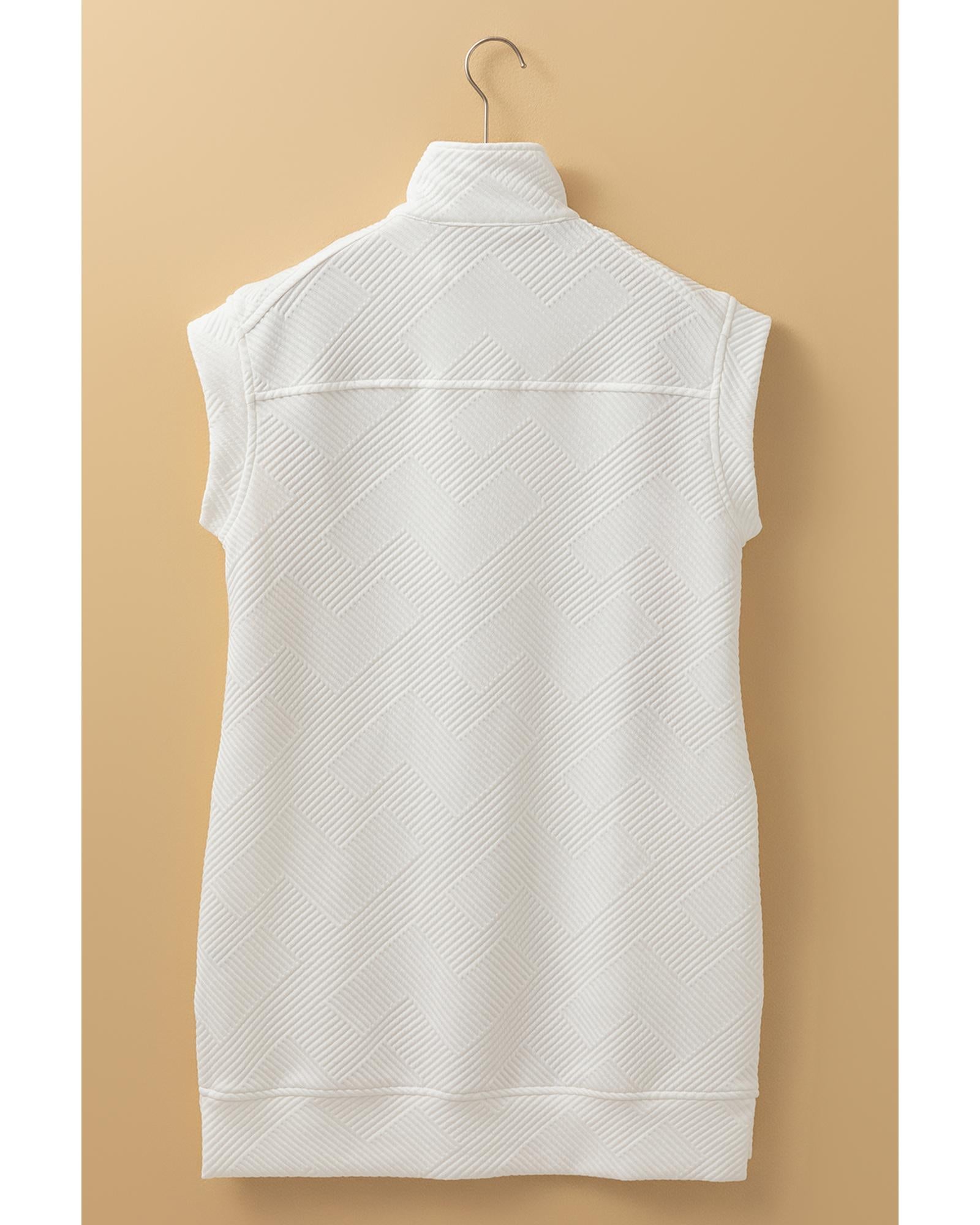 White Textured Half Zip Collared Cap Sleeve Mini Dress - S 4