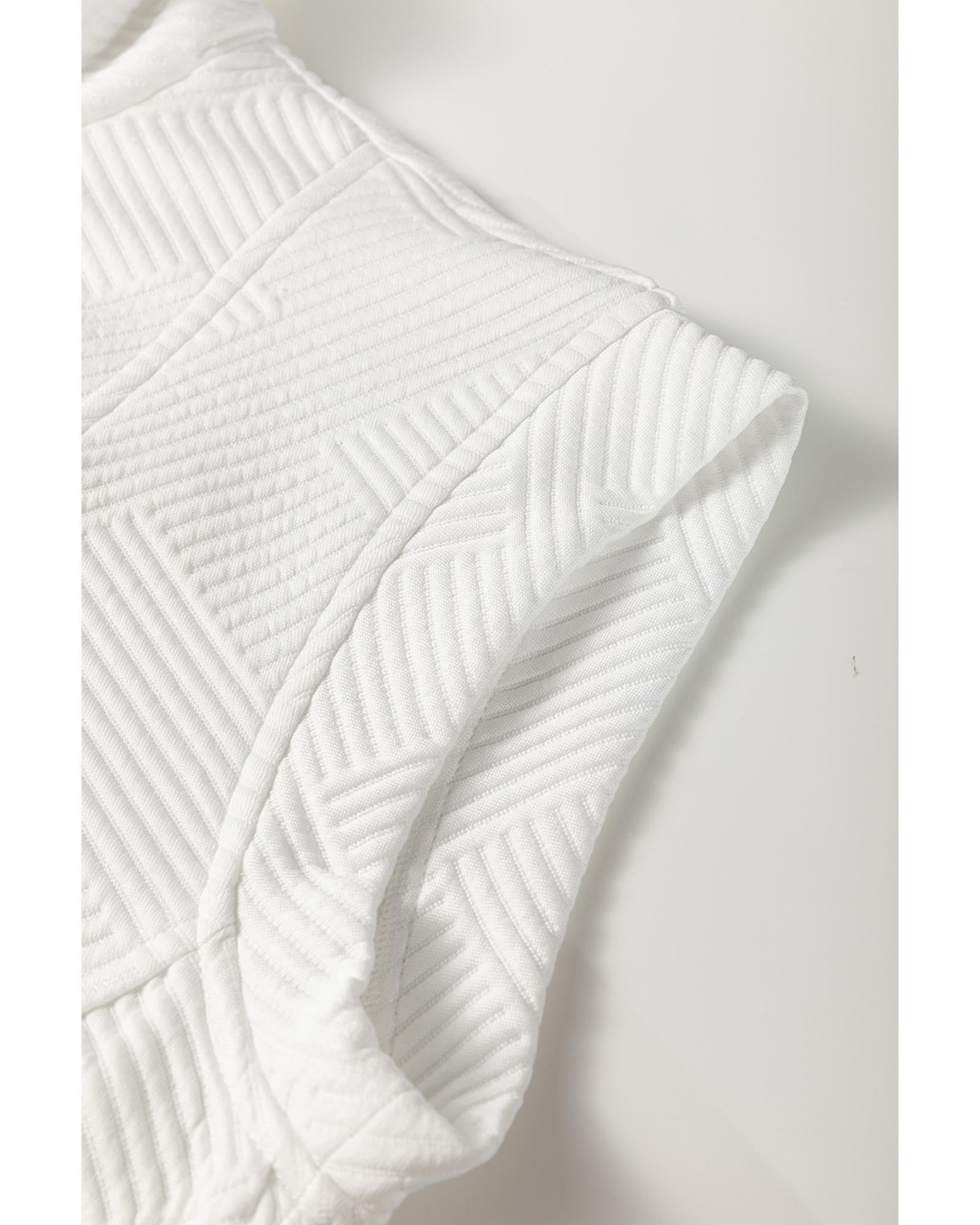 White Textured Half Zip Collared Cap Sleeve Mini Dress - S 6