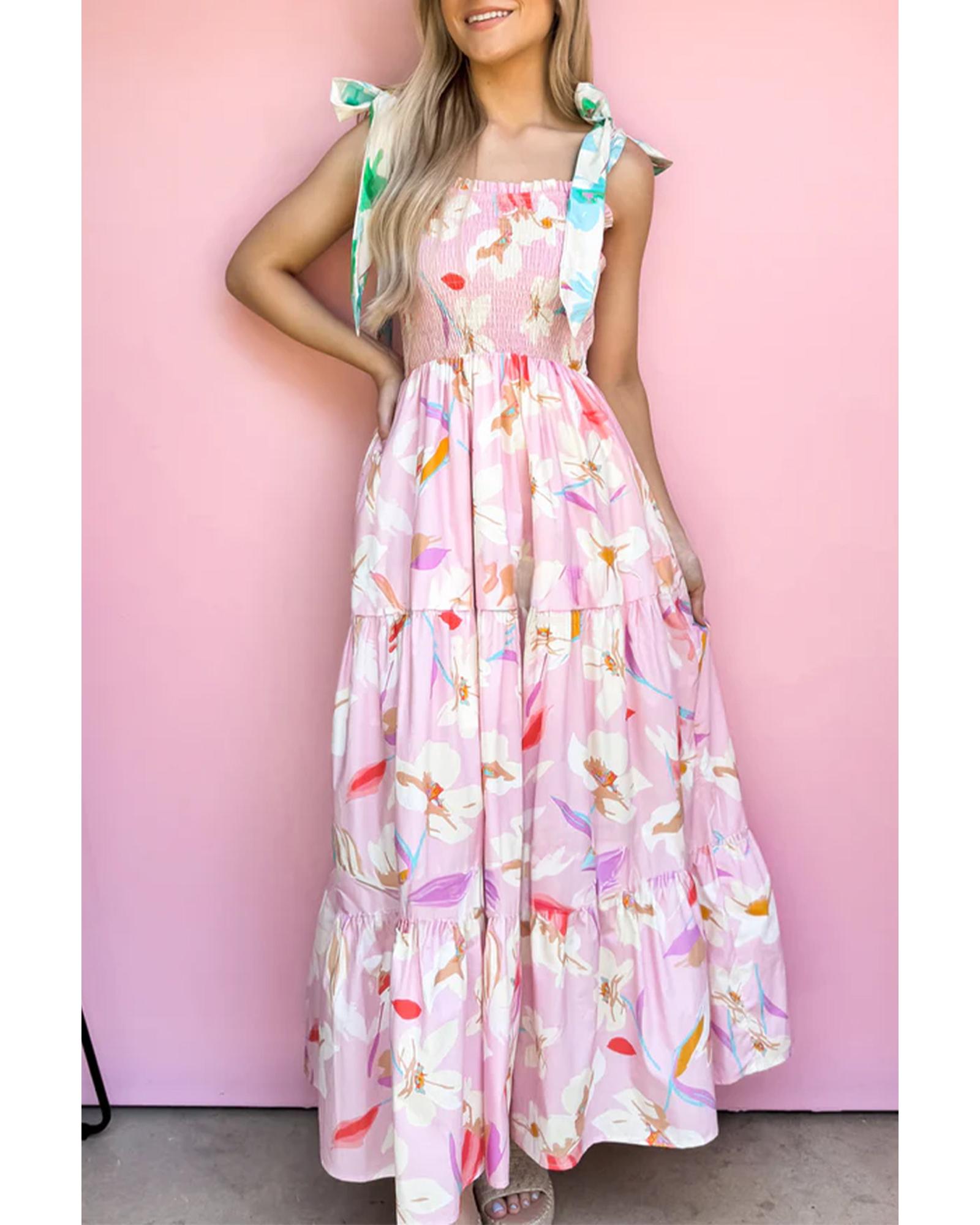 Pink Floral Print Knotted Shoulder Smocked Maxi Dress - M