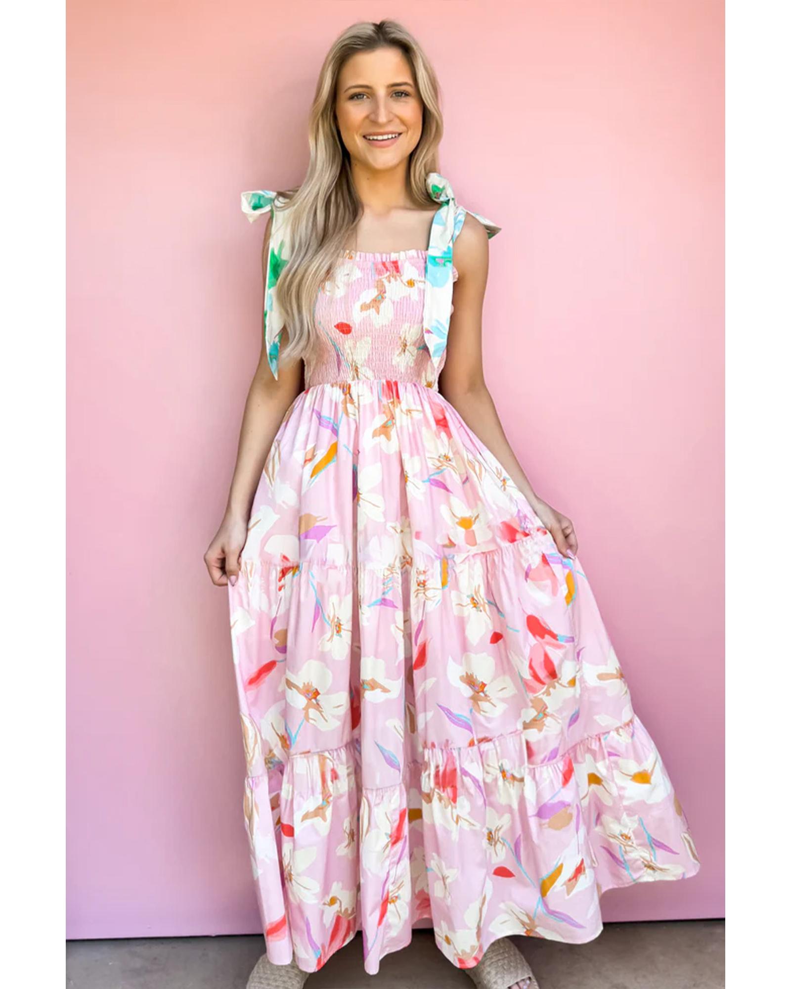 Pink Floral Print Knotted Shoulder Smocked Maxi Dress - M