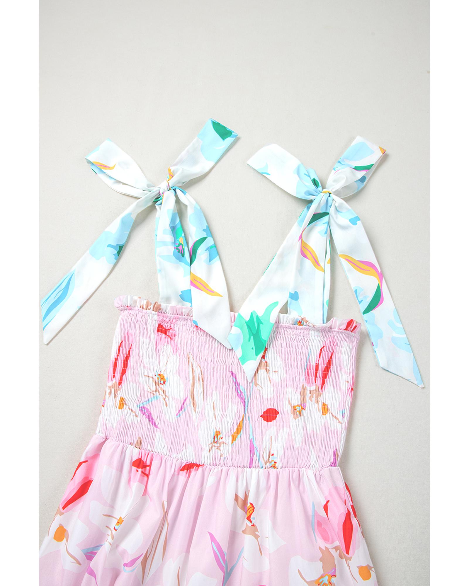 Pink Floral Print Knotted Shoulder Smocked Maxi Dress - M 4