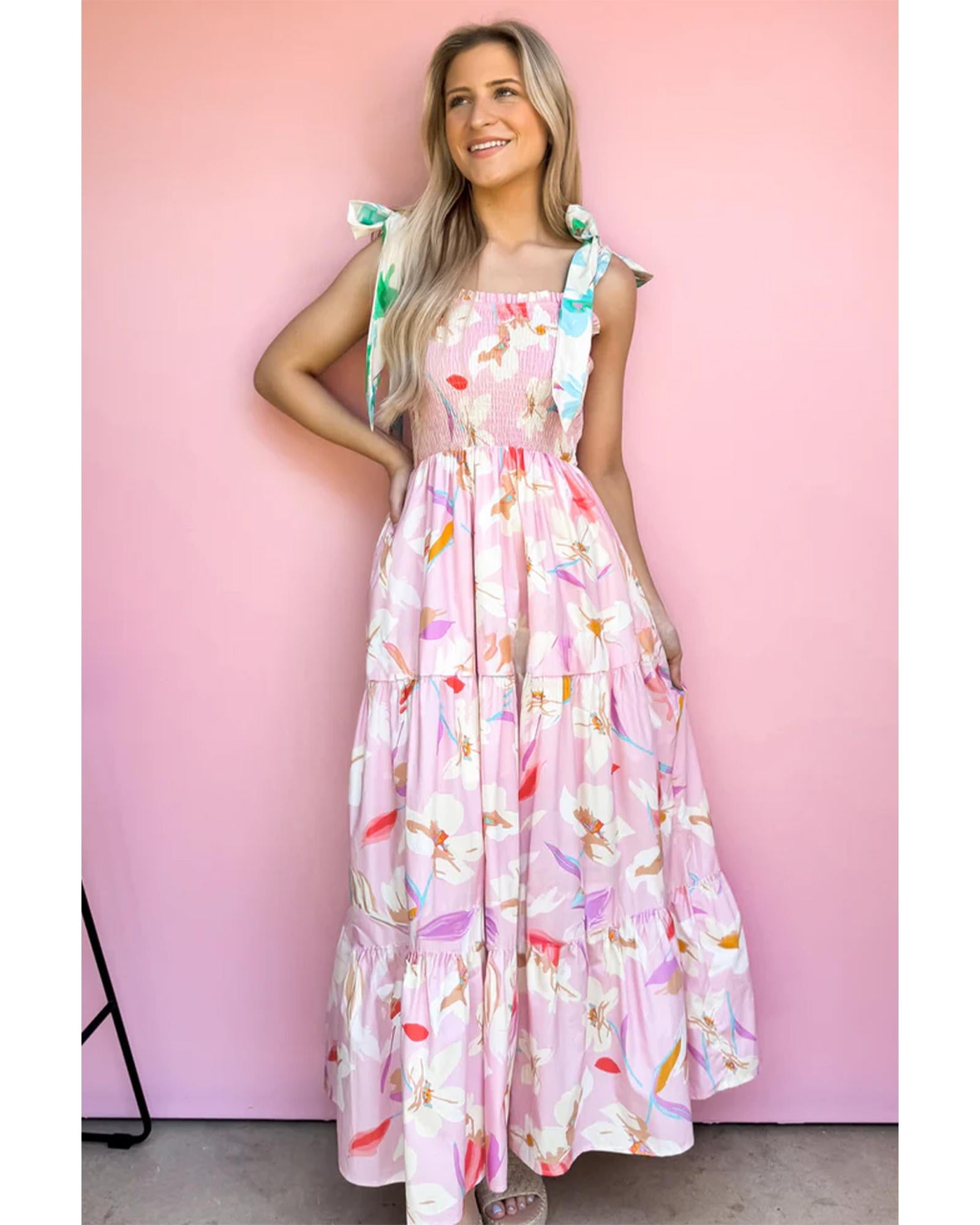Pink Floral Print Knotted Shoulder Smocked Maxi Dress - S 3
