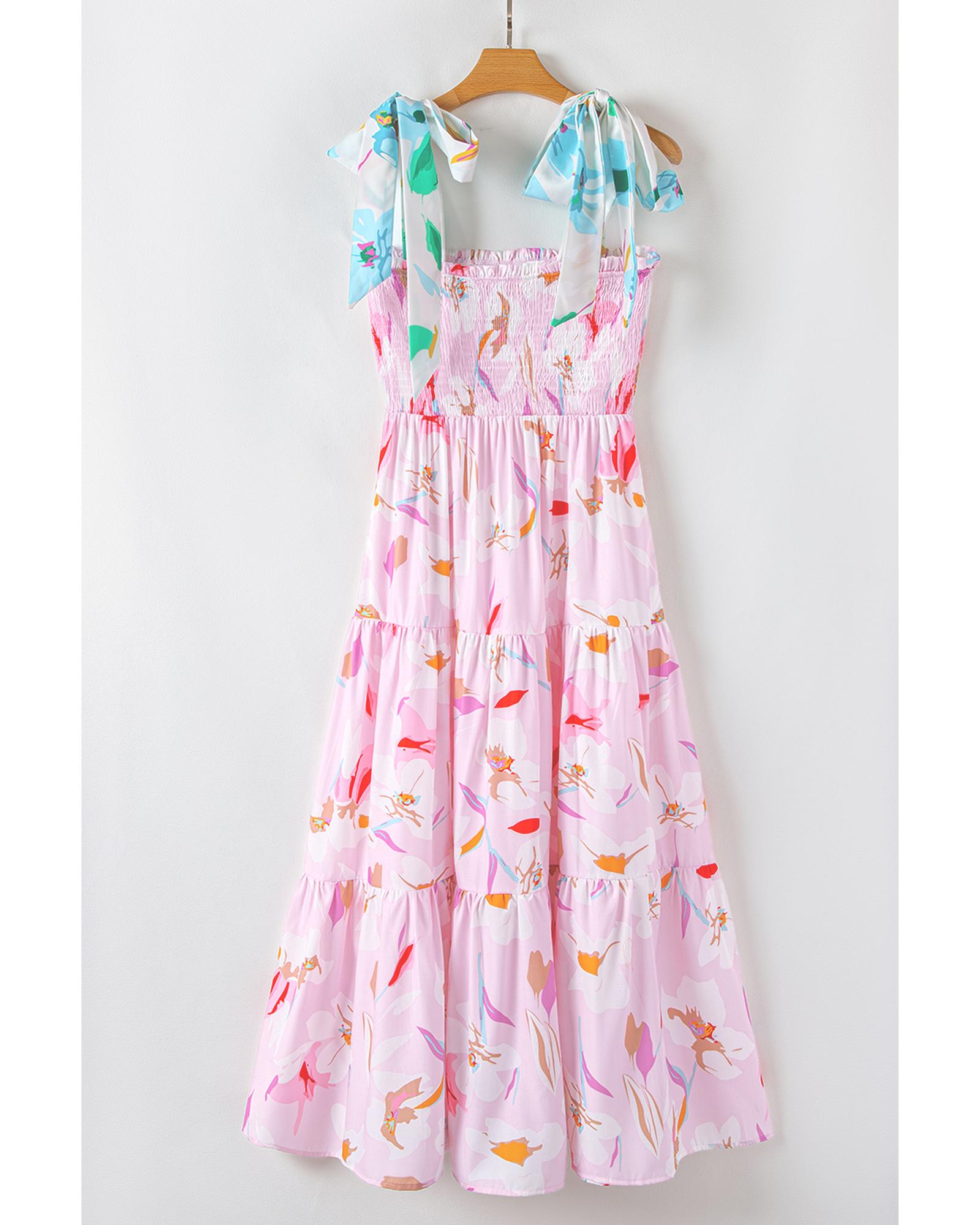 Pink Floral Print Knotted Shoulder Smocked Maxi Dress - XL 5