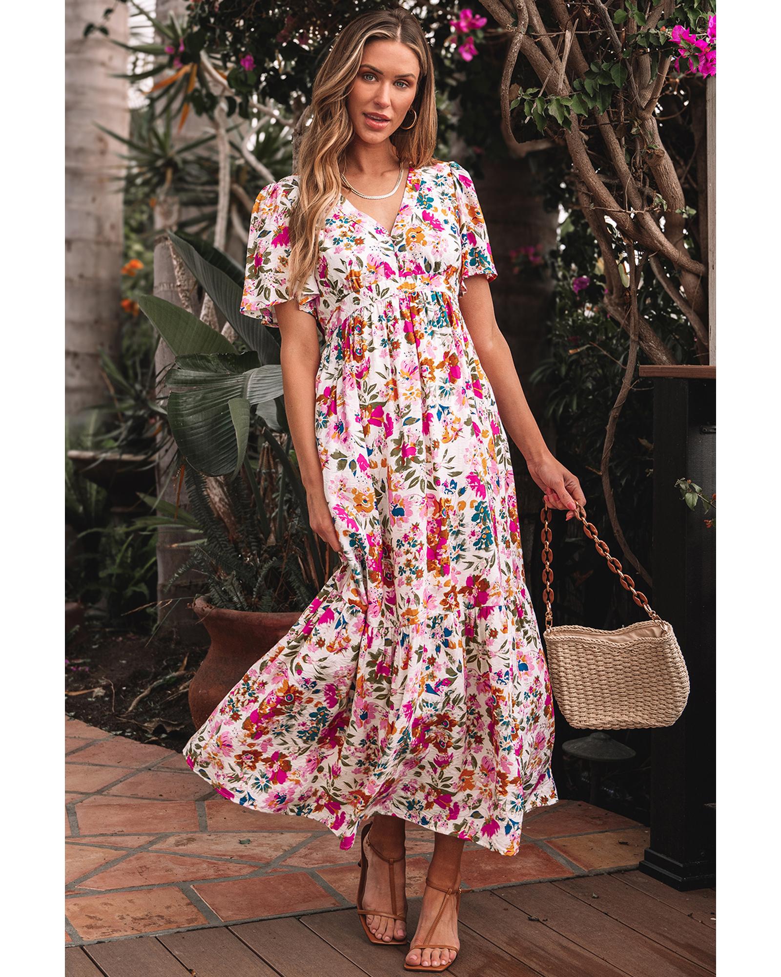 Red Floral Short Sleeve V Neck High Waist Maxi Dress - L
