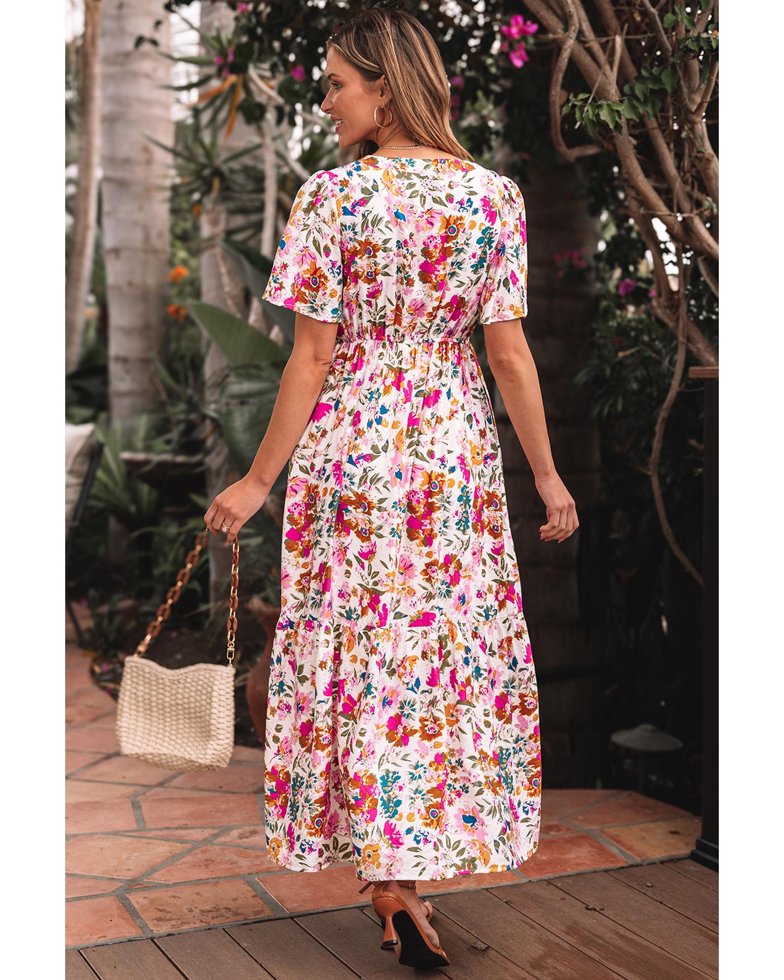 Red Floral Short Sleeve V Neck High Waist Maxi Dress - M