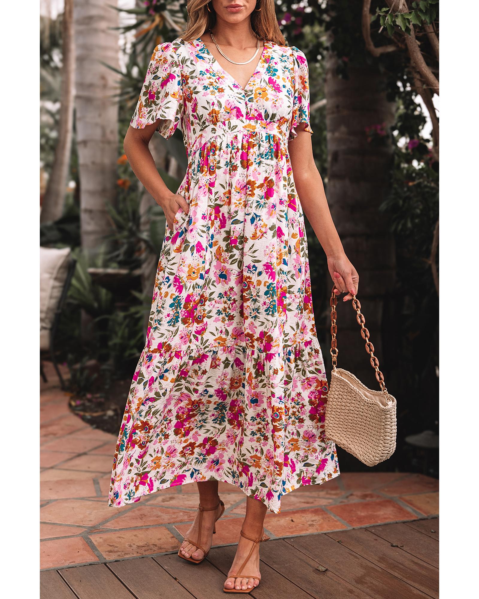 Red Floral Short Sleeve V Neck High Waist Maxi Dress - M 5