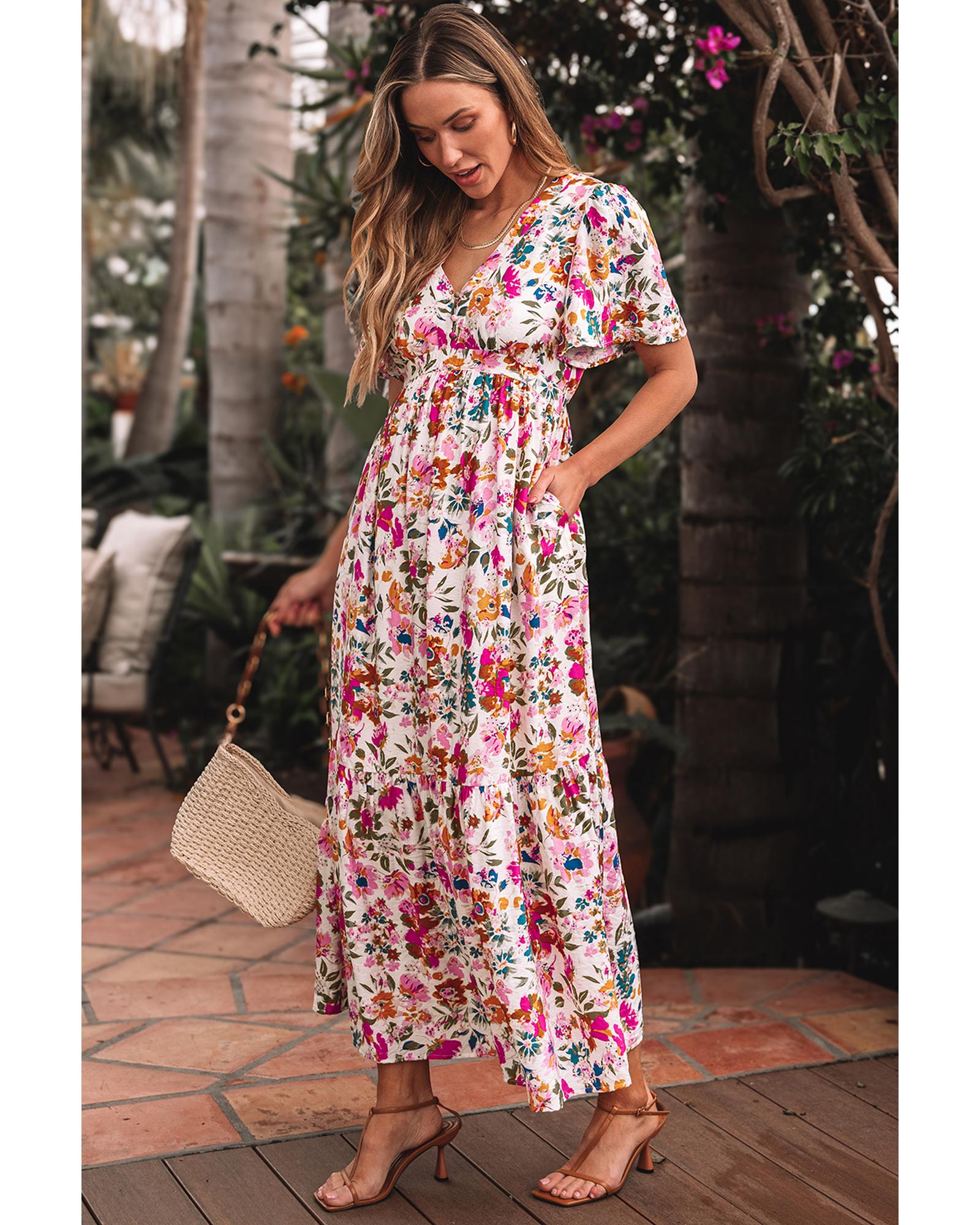 Red Floral Short Sleeve V Neck High Waist Maxi Dress - S 3