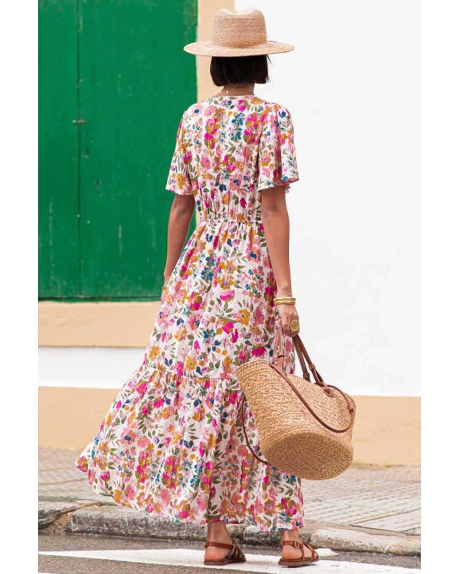 Red Floral Short Sleeve V Neck High Waist Maxi Dress - S 6