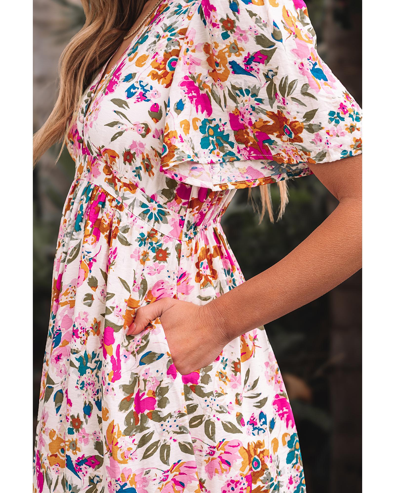 Red Floral Short Sleeve V Neck High Waist Maxi Dress - XL 5