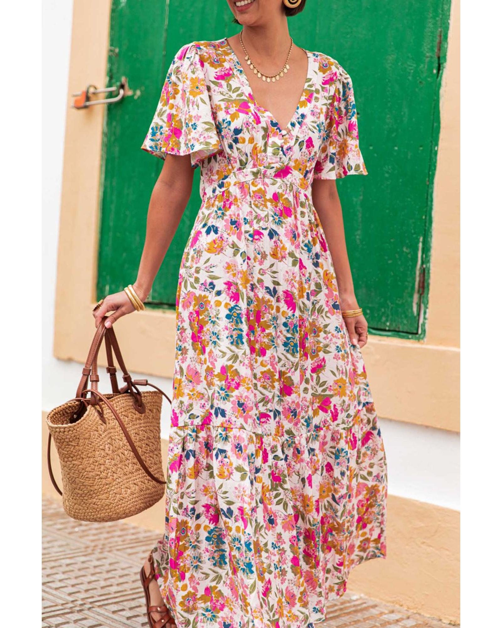 Red Floral Short Sleeve V Neck High Waist Maxi Dress - XL 6