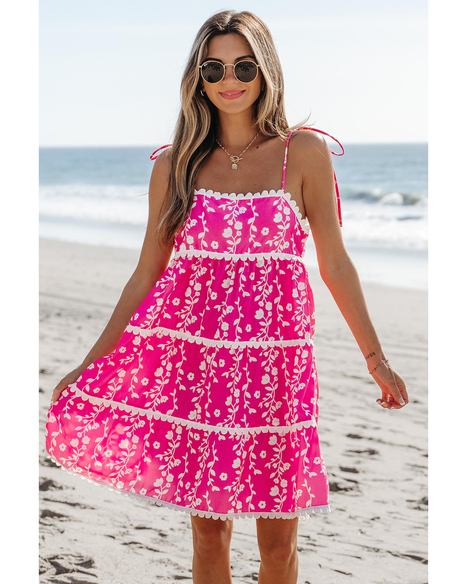 Pink Floral Print Ric Rac Patched Sleeveless Mini Dress - L