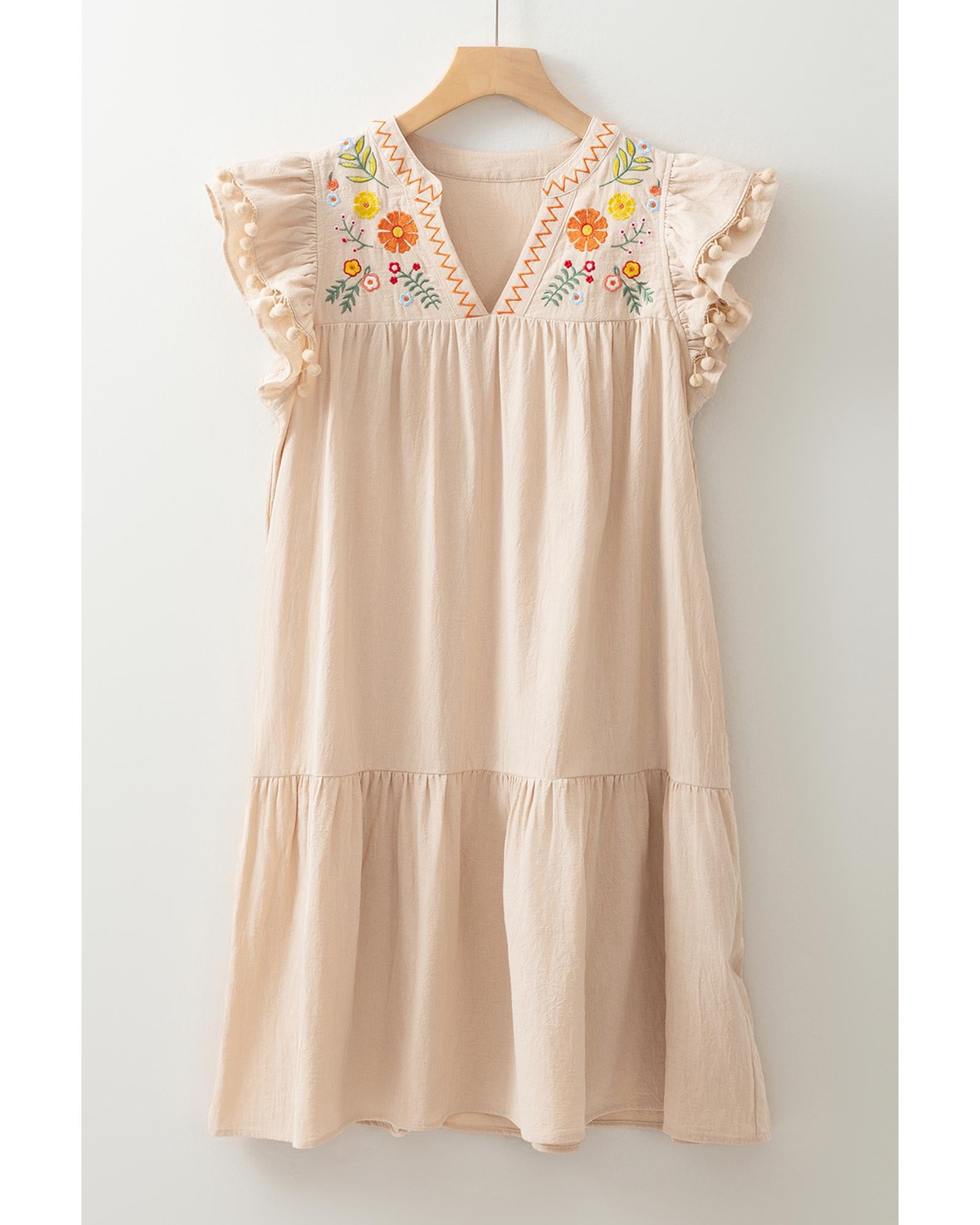 Jet Stream Linen Embroidery Split Neck Pom Pom Ruffle Sleeves Flowy Short Dress - L 6