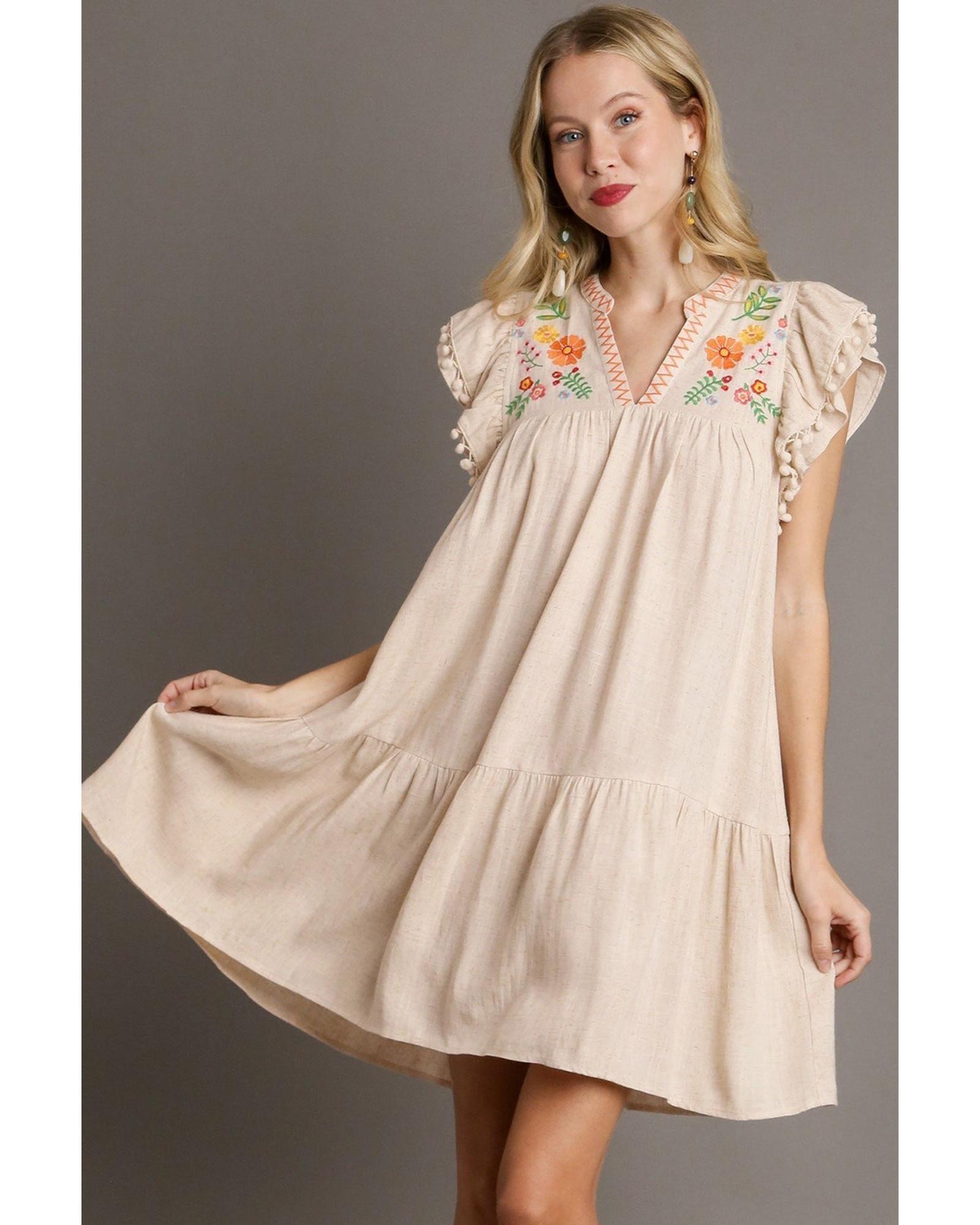 Jet Stream Linen Embroidery Split Neck Pom Pom Ruffle Sleeves Flowy Short Dress - M 3
