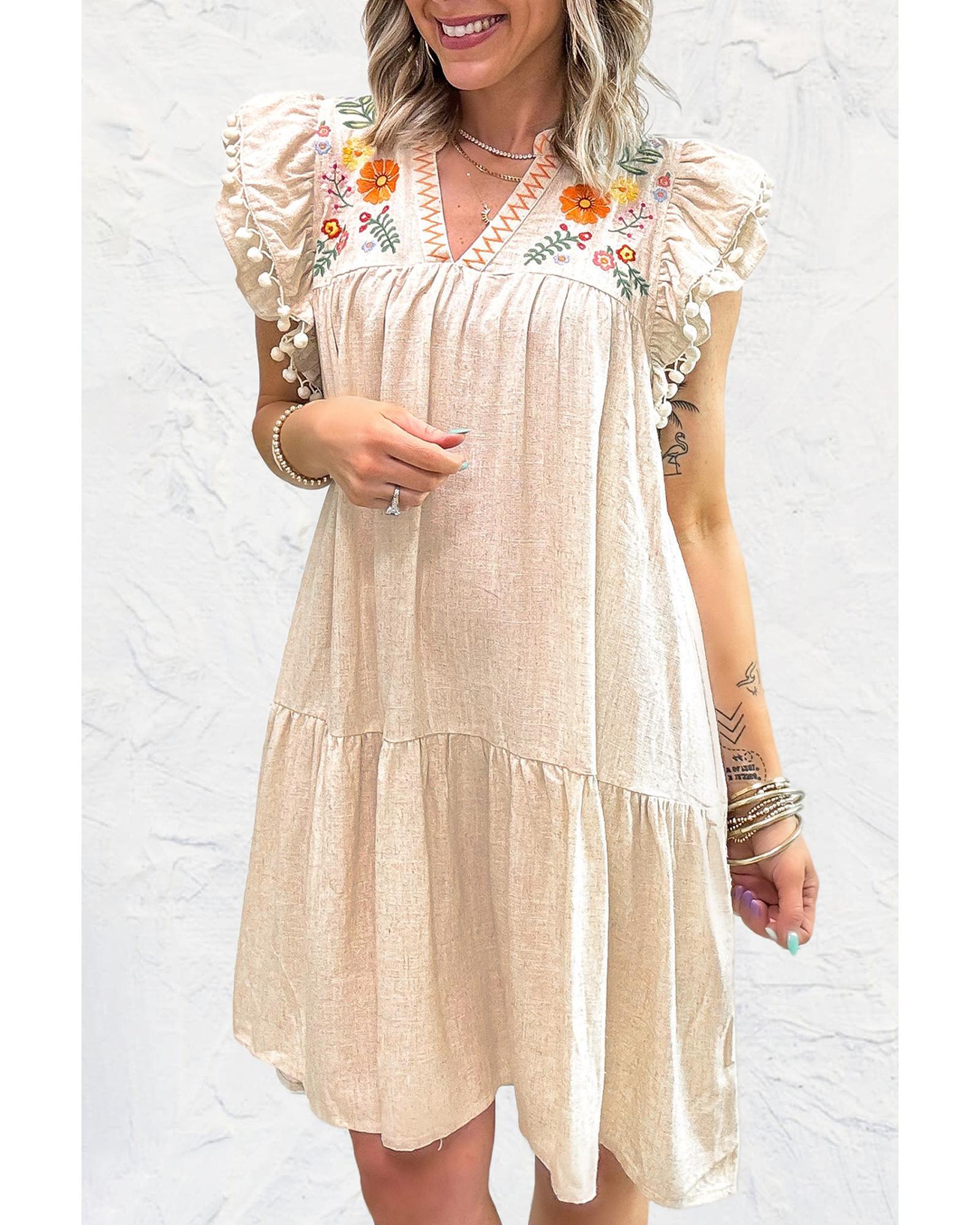 Jet Stream Linen Embroidery Split Neck Pom Pom Ruffle Sleeves Flowy Short Dress - M 4