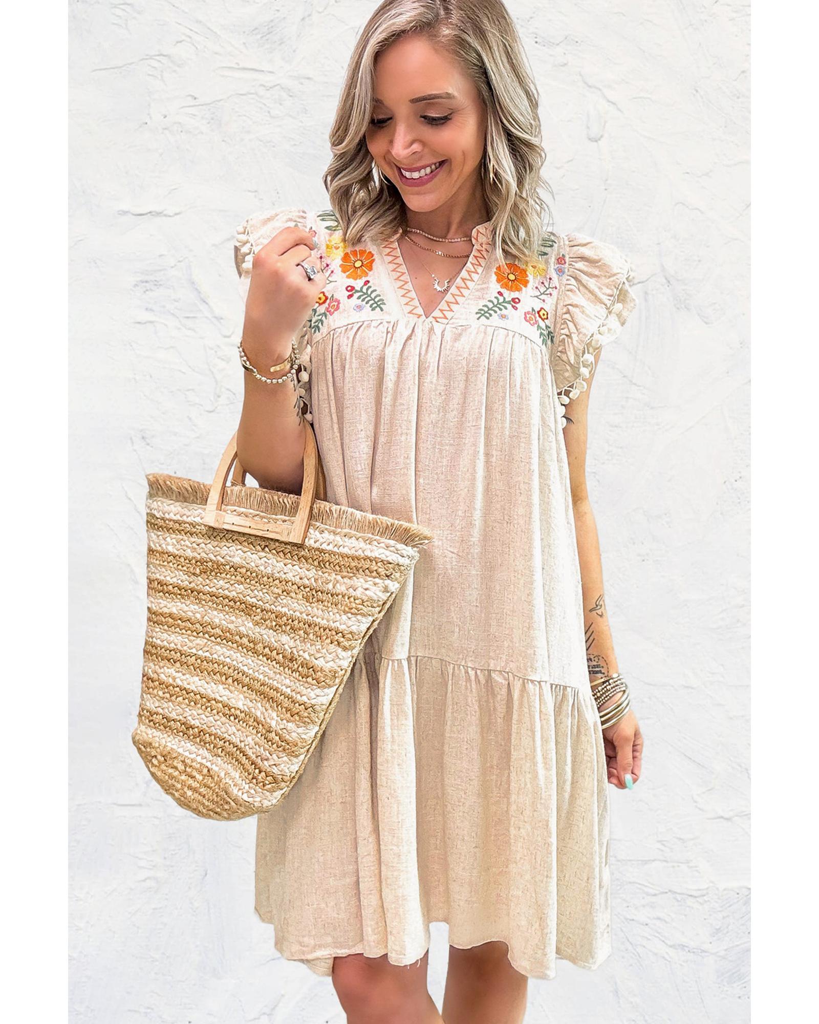 Jet Stream Linen Embroidery Split Neck Pom Pom Ruffle Sleeves Flowy Short Dress - M 6