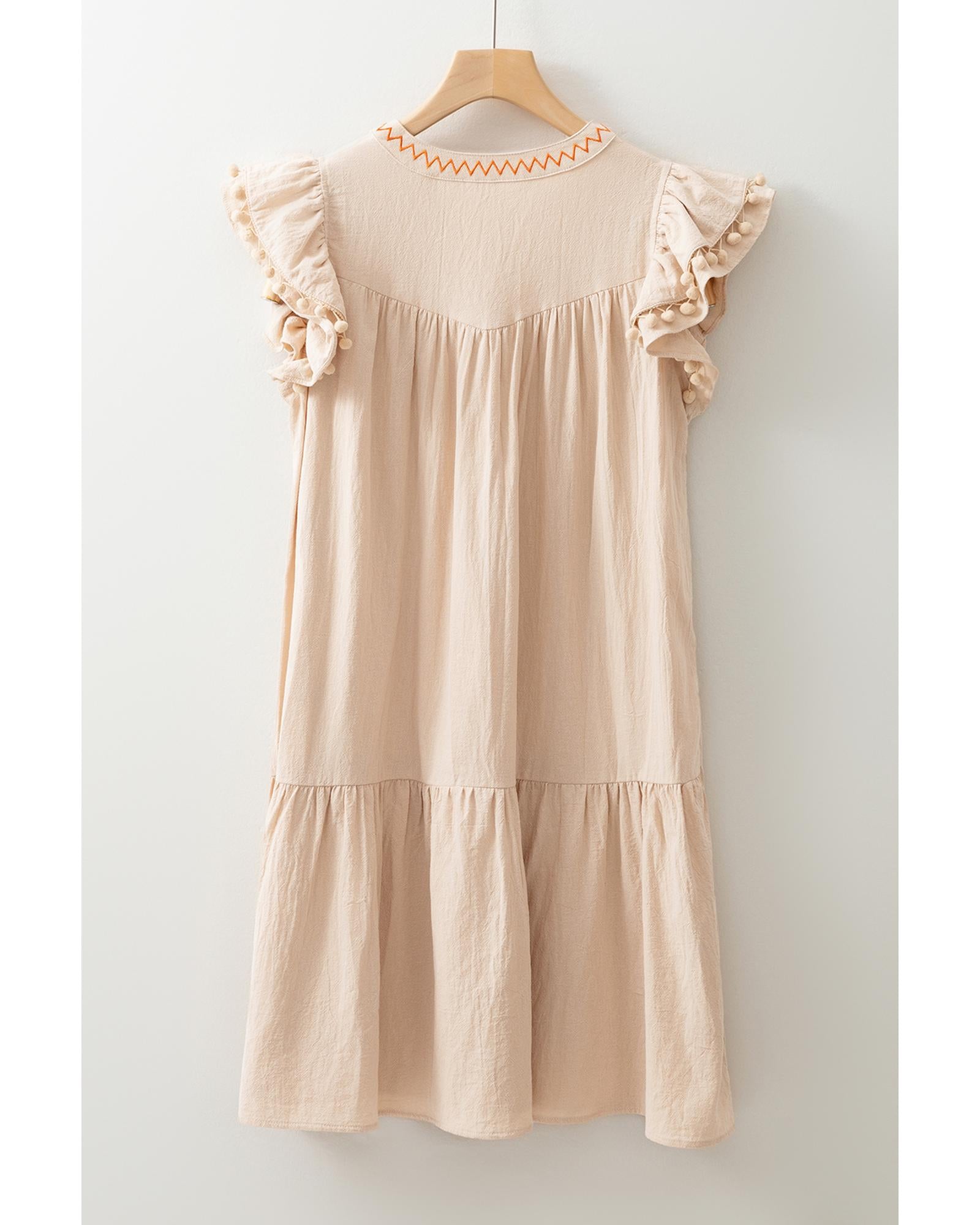 Jet Stream Linen Embroidery Split Neck Pom Pom Ruffle Sleeves Flowy Short Dress - M 8