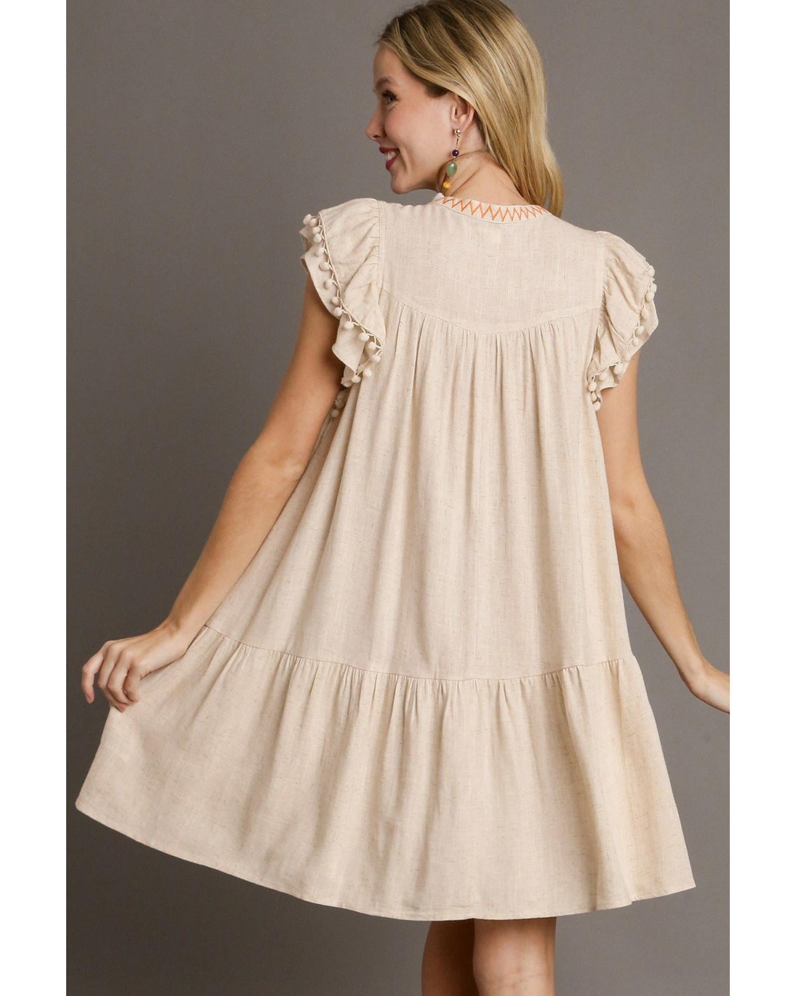 Jet Stream Linen Embroidery Split Neck Pom Pom Ruffle Sleeves Flowy Short Dress - S