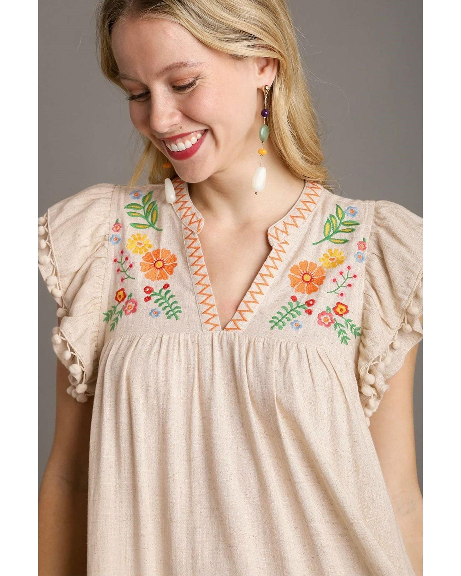 Jet Stream Linen Embroidery Split Neck Pom Pom Ruffle Sleeves Flowy Short Dress - S 5