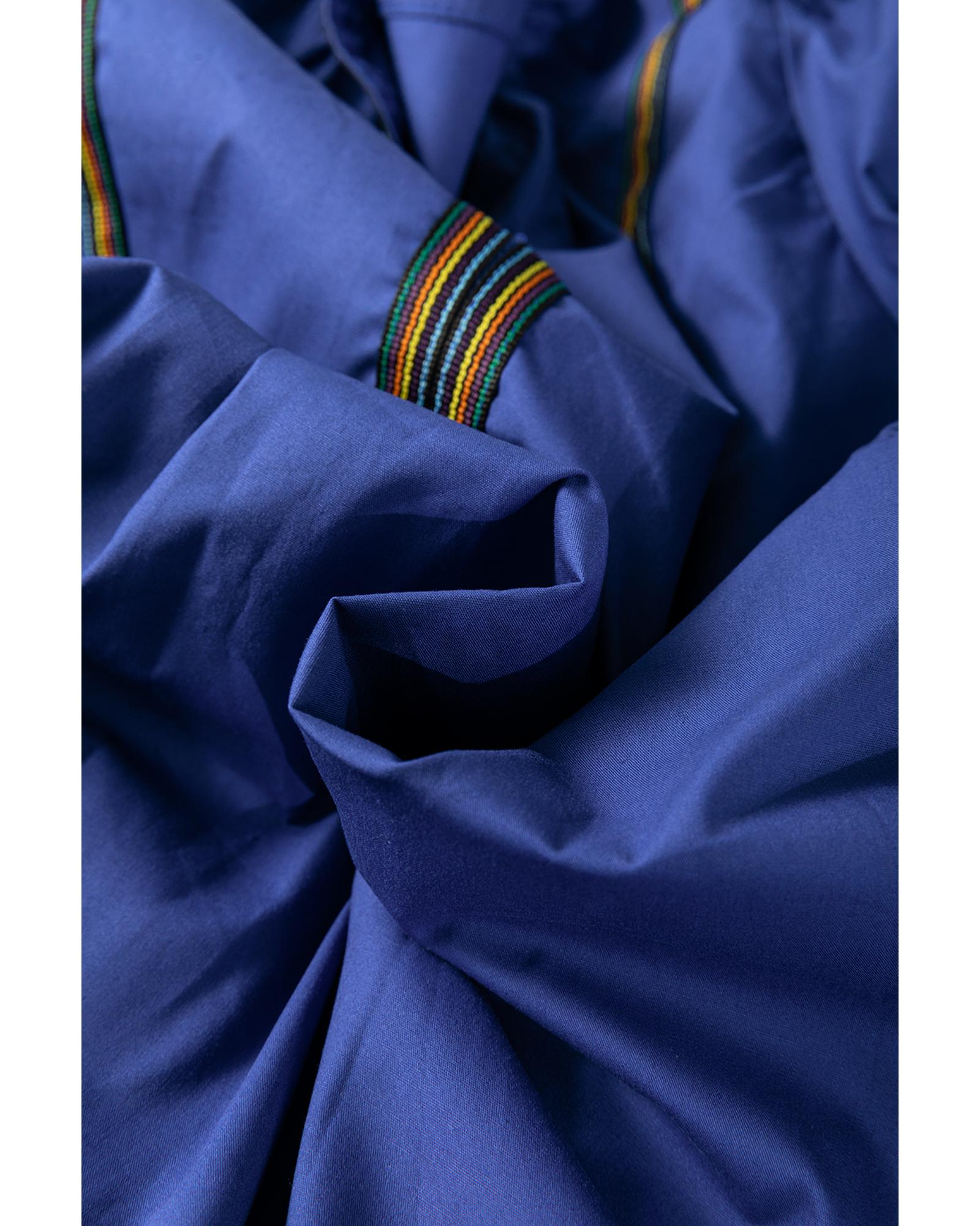 Bluing Colorful Striped Trim Puff Sleeve Pleated Mini Dress - L