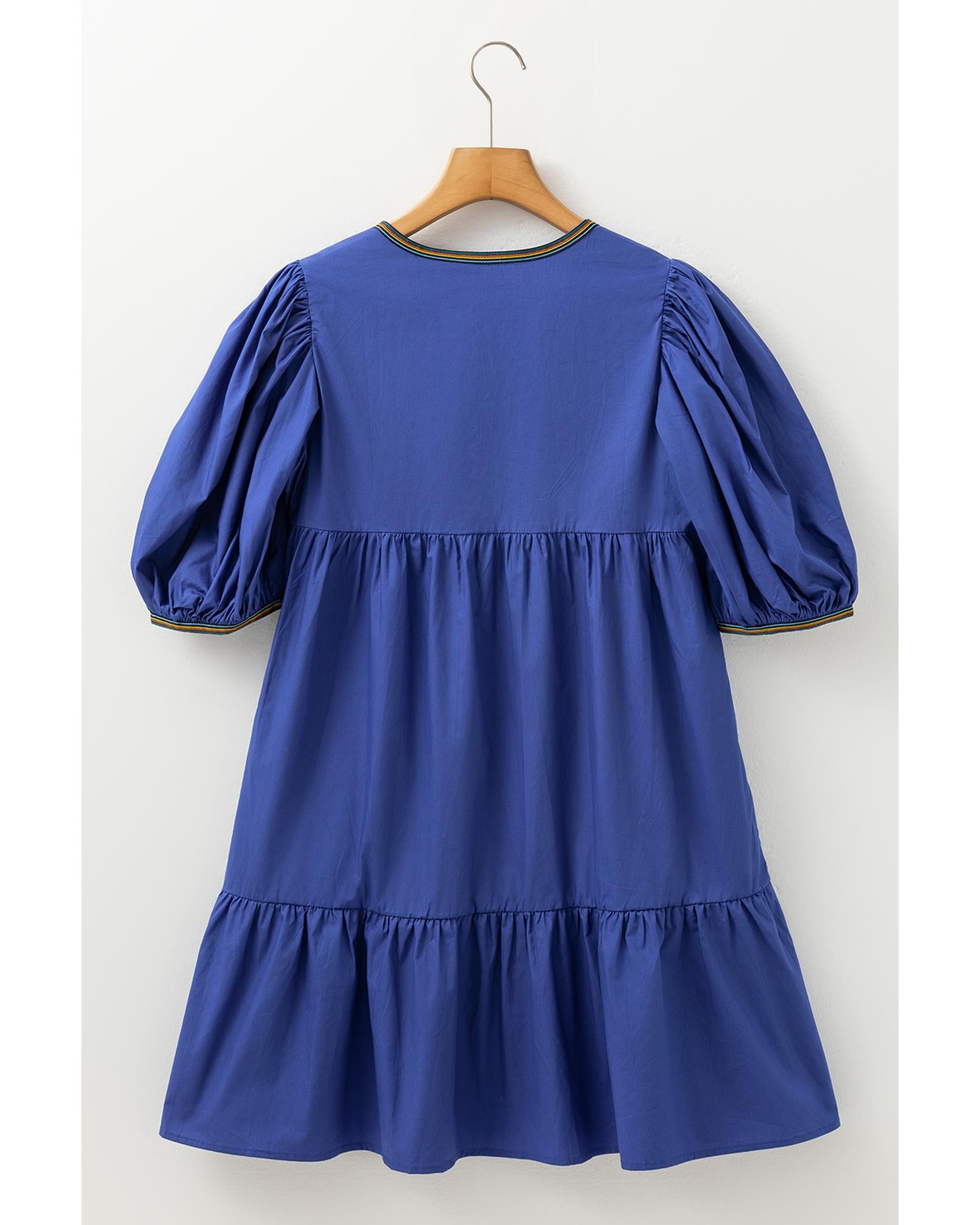 Bluing Colorful Striped Trim Puff Sleeve Pleated Mini Dress - L 6