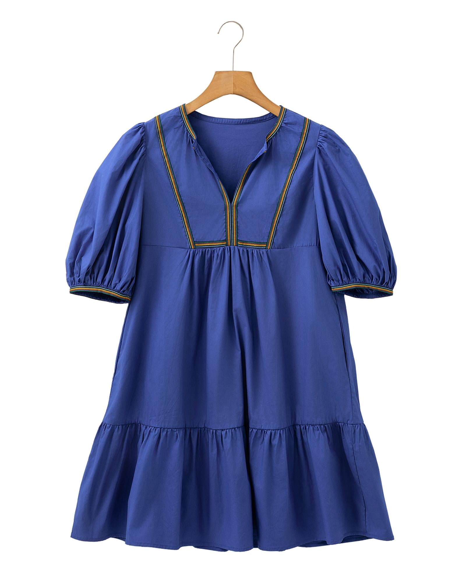 Bluing Colorful Striped Trim Puff Sleeve Pleated Mini Dress - M 3