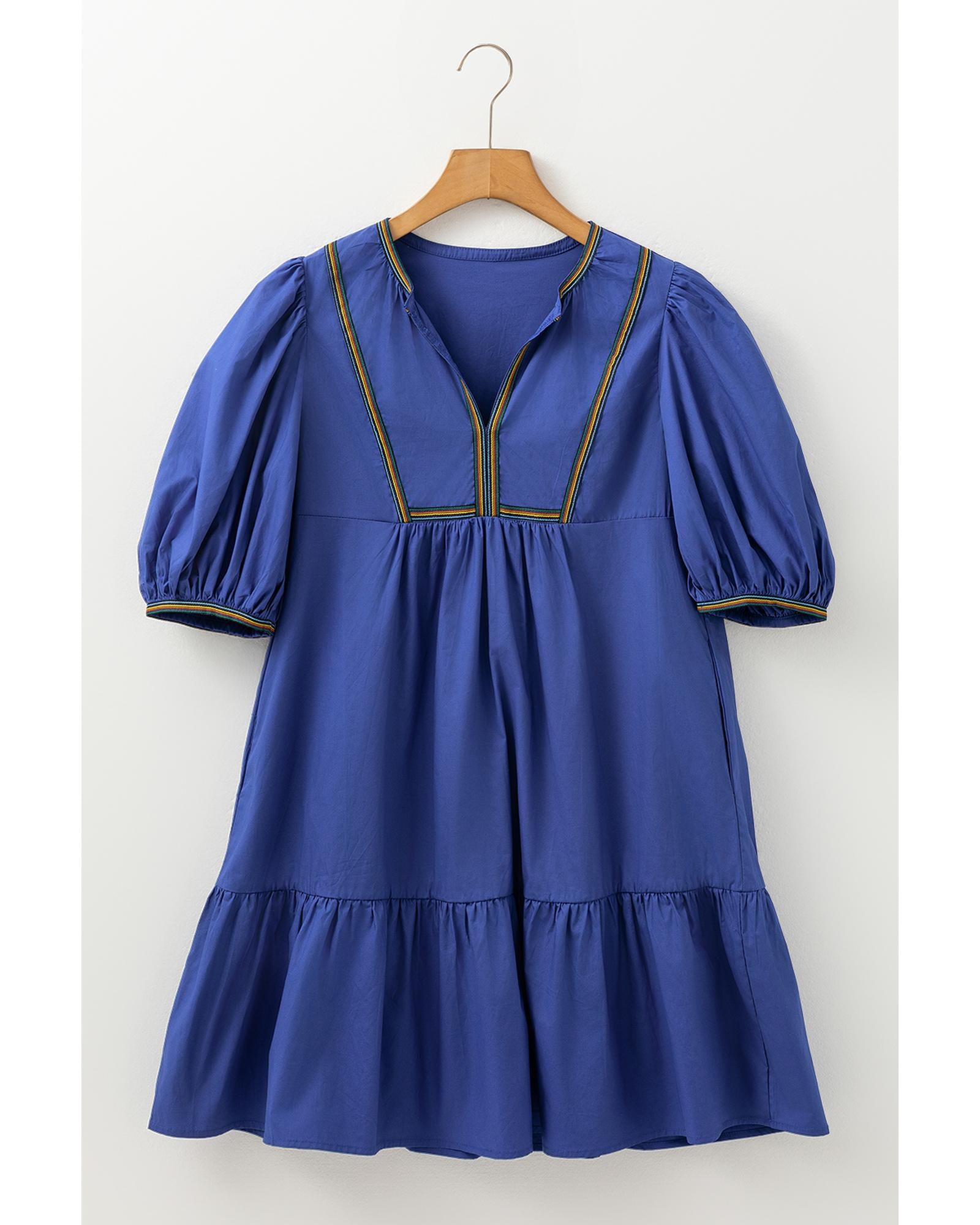 Bluing Colorful Striped Trim Puff Sleeve Pleated Mini Dress - M 4