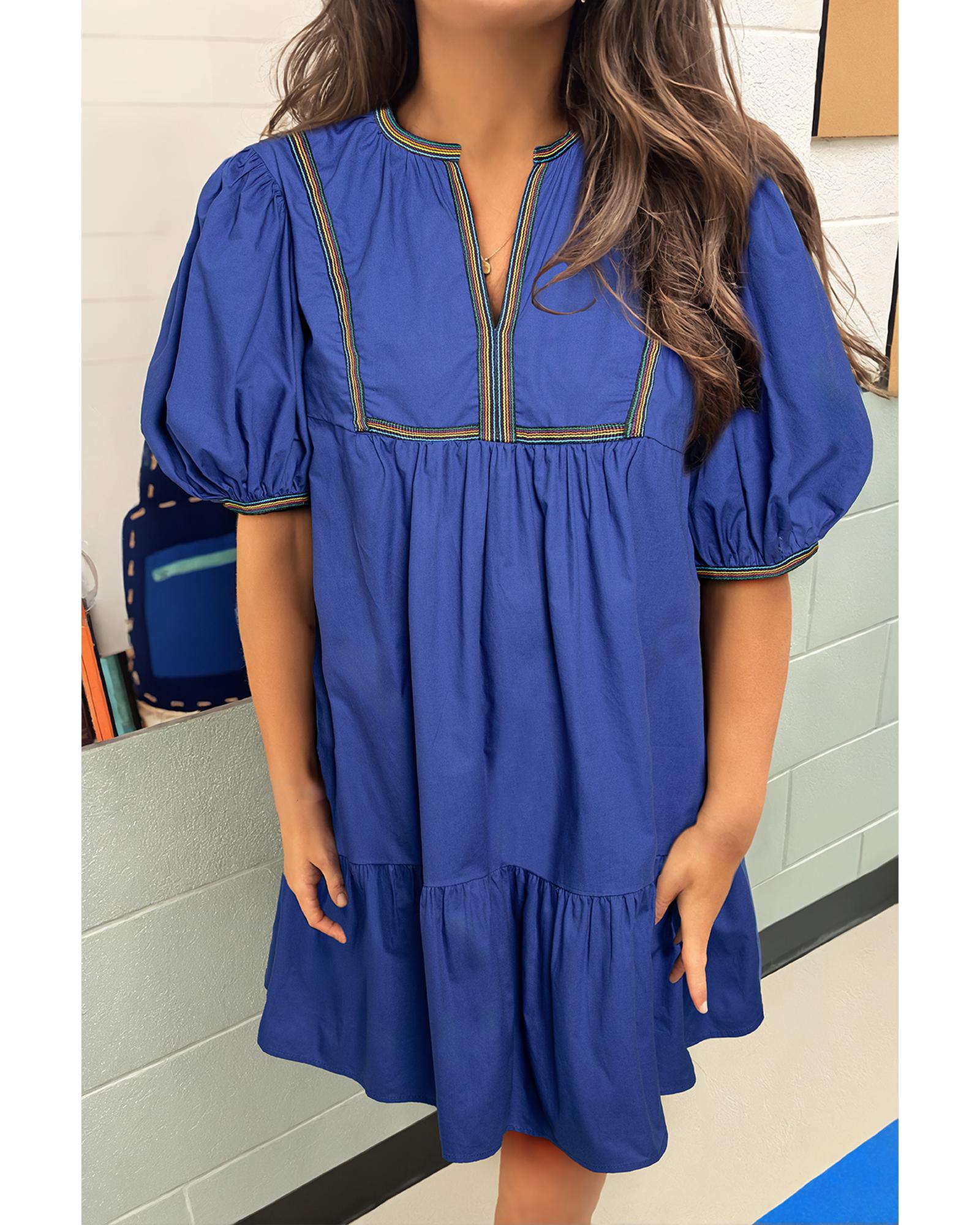Bluing Colorful Striped Trim Puff Sleeve Pleated Mini Dress - M 8