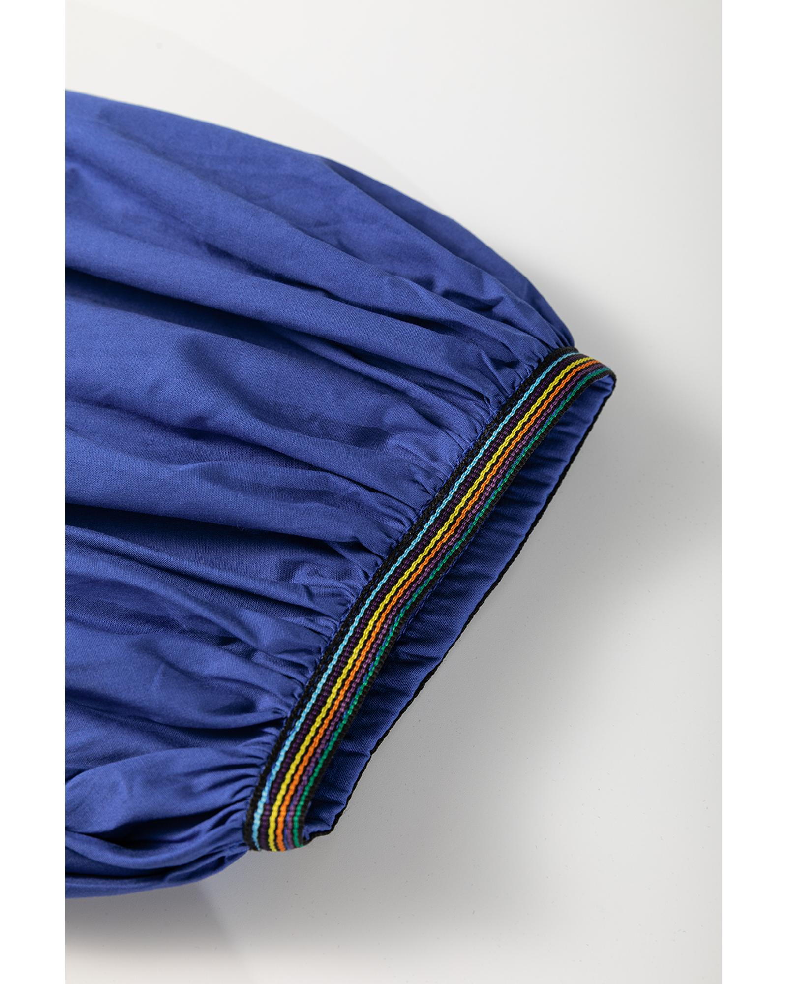 Bluing Colorful Striped Trim Puff Sleeve Pleated Mini Dress - XL