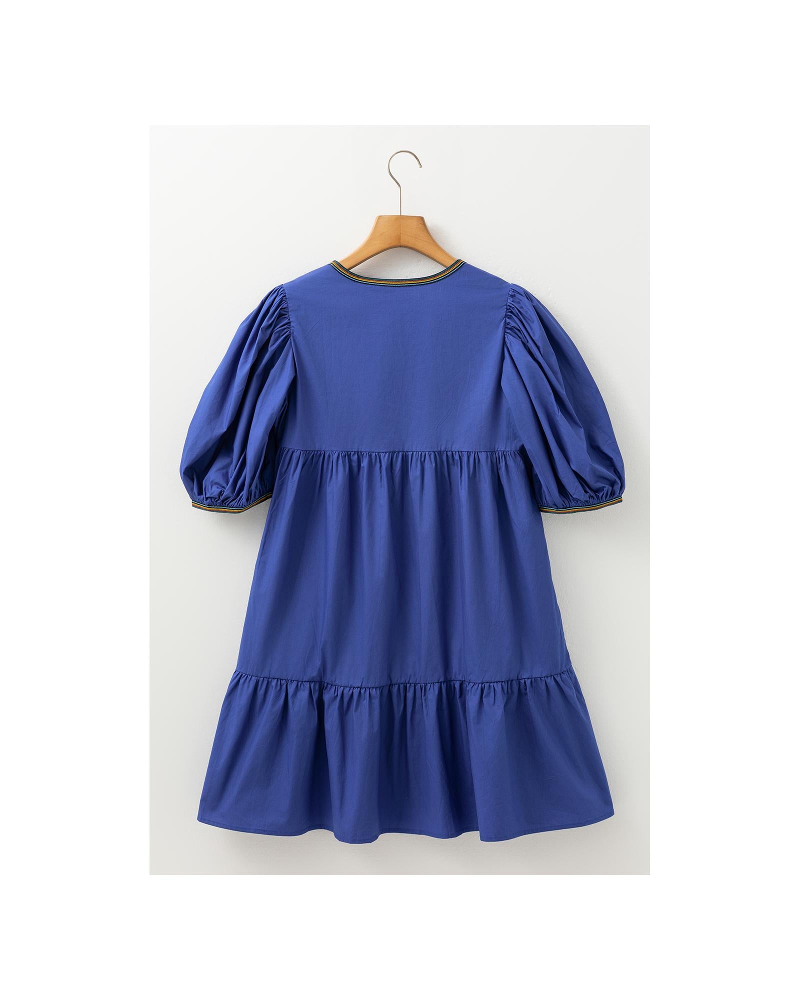 Bluing Colorful Striped Trim Puff Sleeve Pleated Mini Dress - XL 6