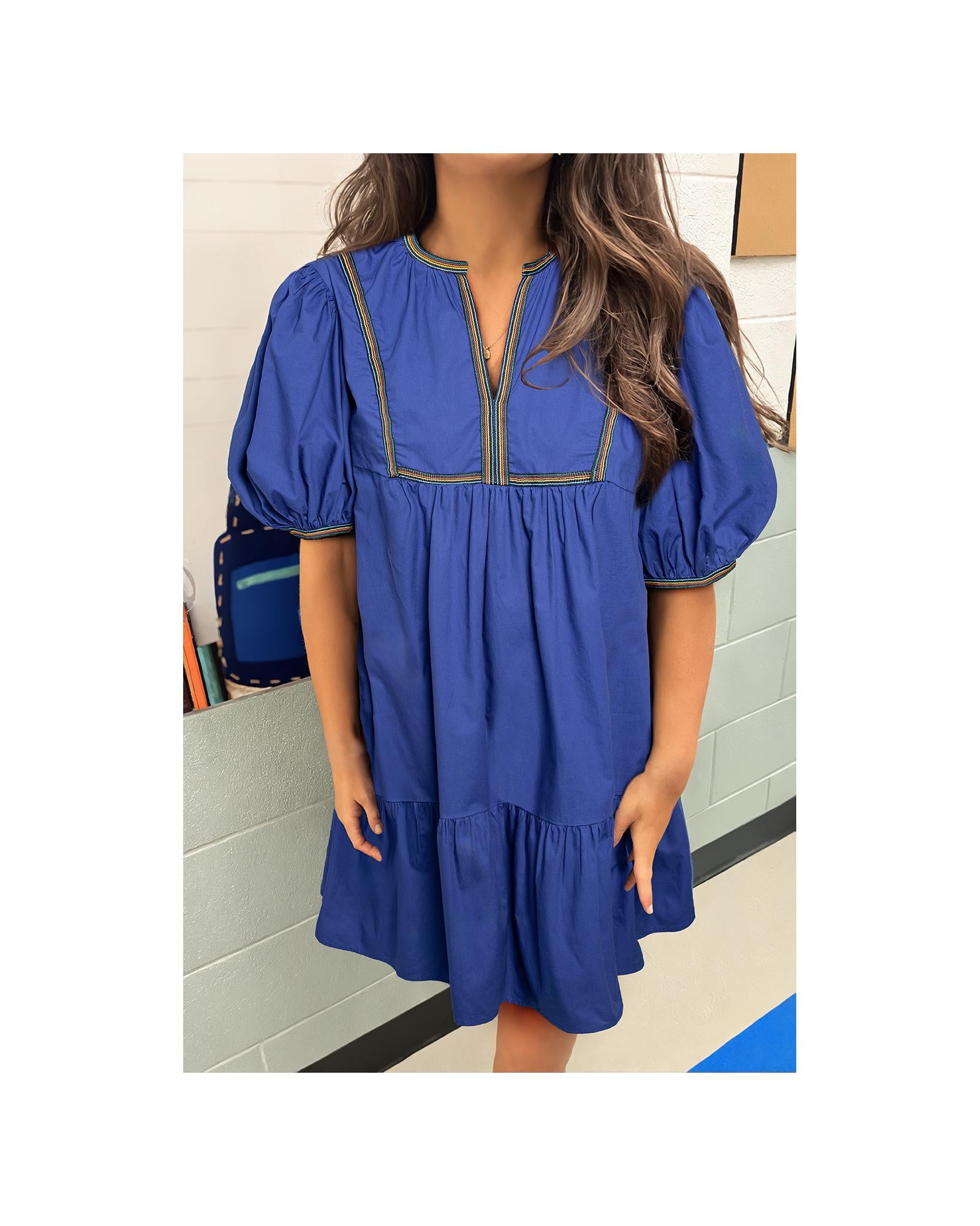 Bluing Colorful Striped Trim Puff Sleeve Pleated Mini Dress - XL 8