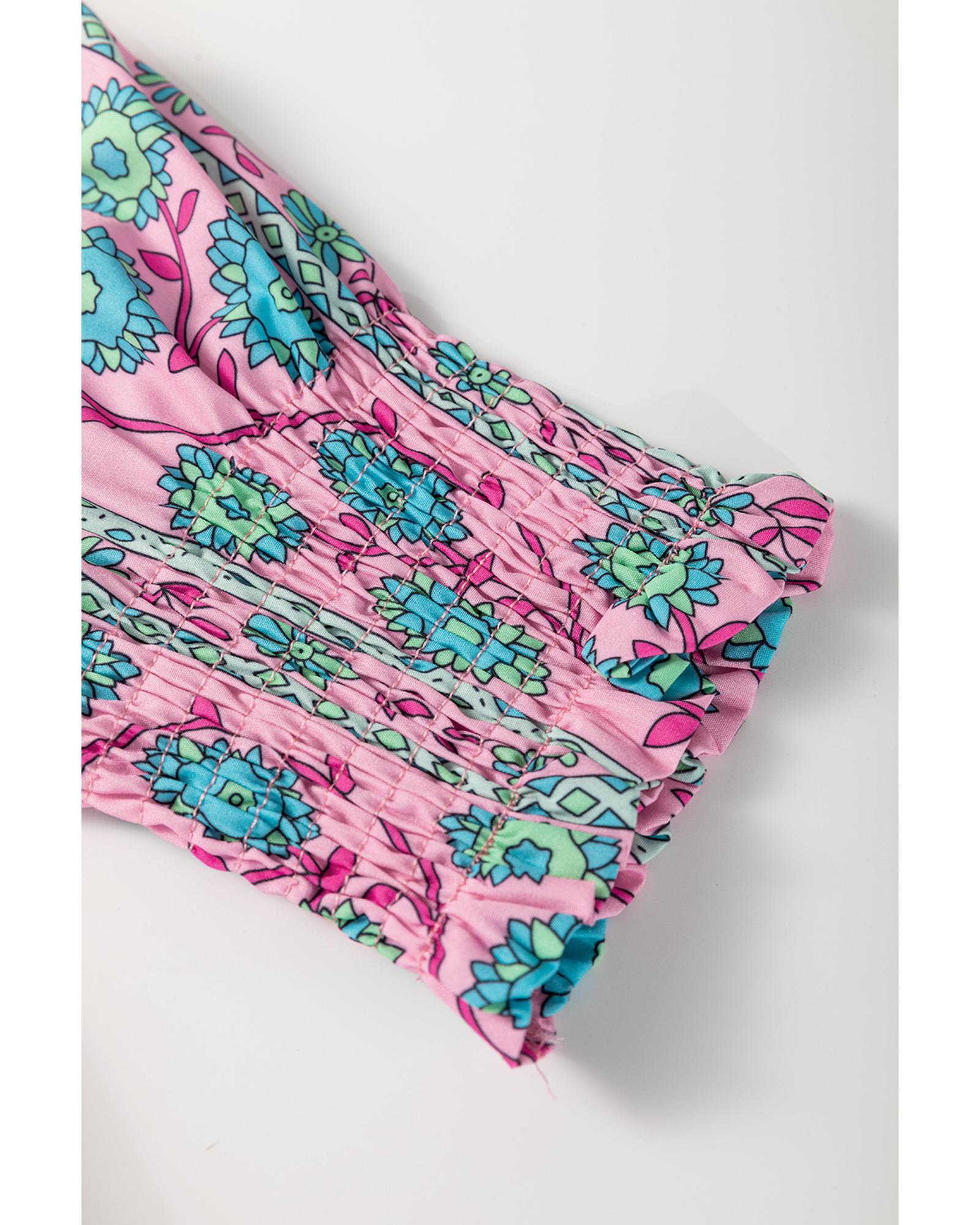 Pink Floral Shirred Puff Sleeve Buttoned Front Midi Dress with Sash - L 5