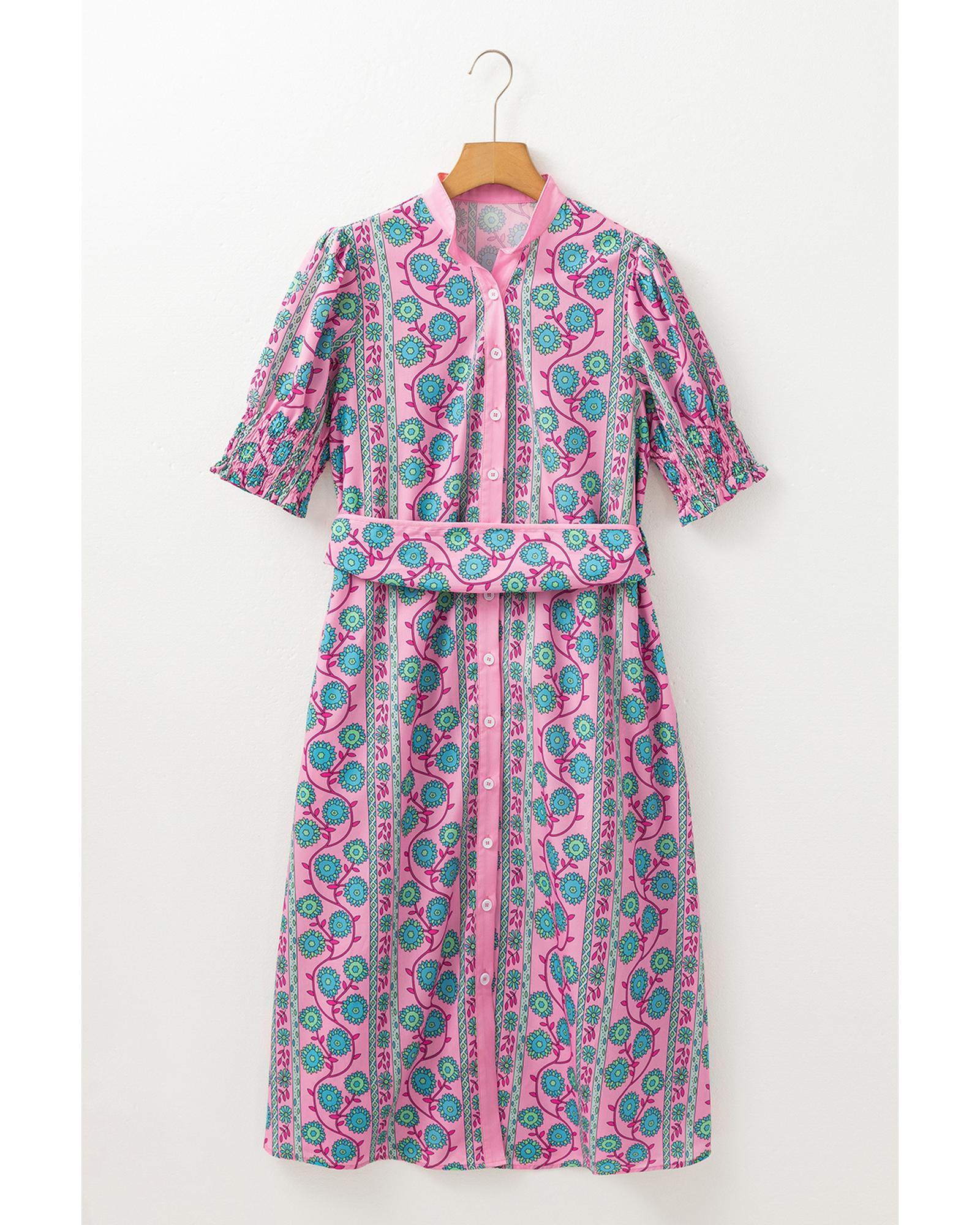 Pink Floral Shirred Puff Sleeve Buttoned Front Midi Dress with Sash - L 7