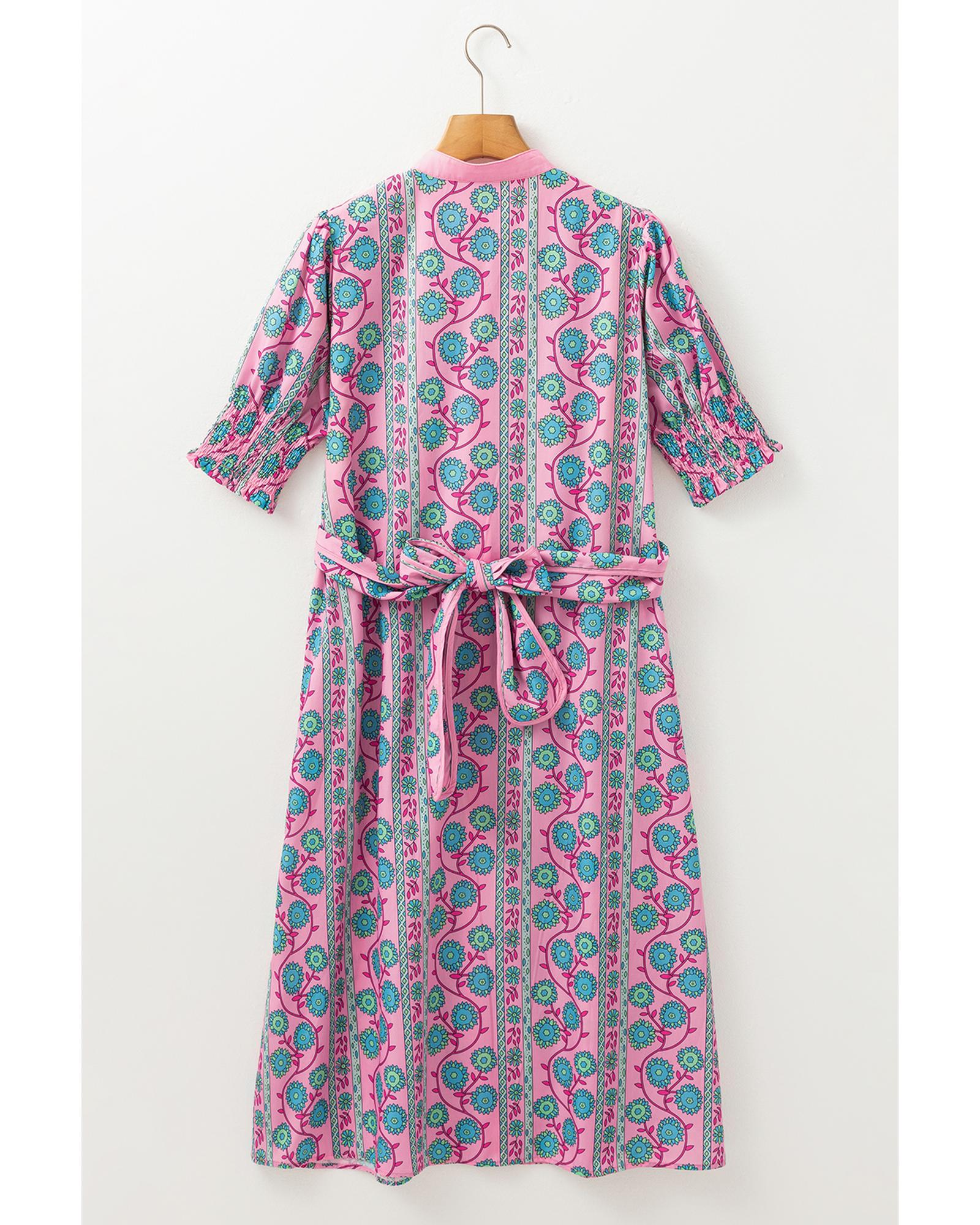 Pink Floral Shirred Puff Sleeve Buttoned Front Midi Dress with Sash - L 8