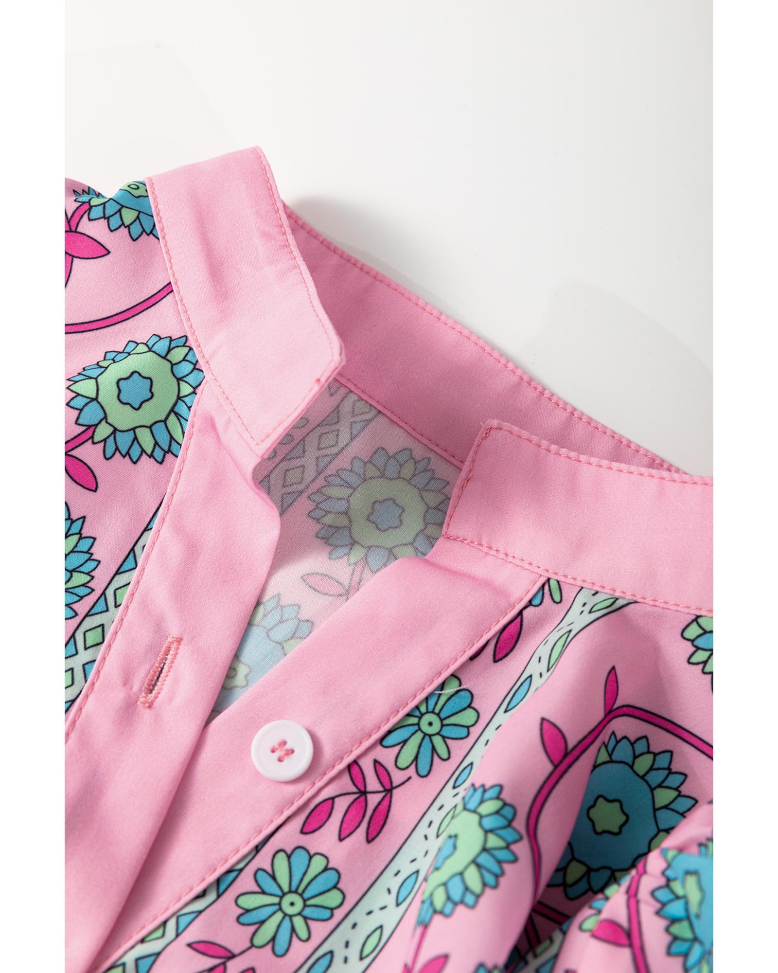 Pink Floral Shirred Puff Sleeve Buttoned Front Midi Dress with Sash - M