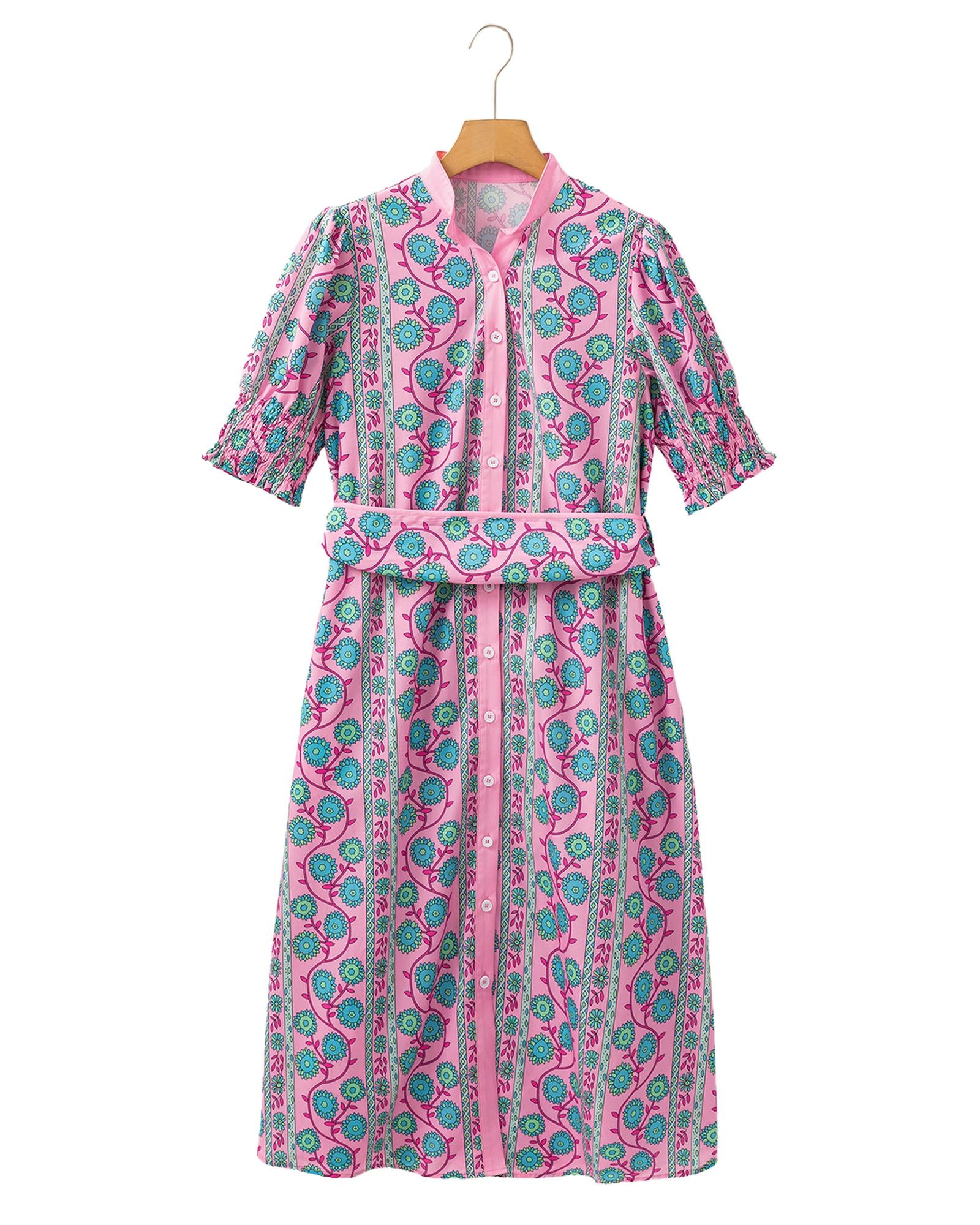 Pink Floral Shirred Puff Sleeve Buttoned Front Midi Dress with Sash - M 4