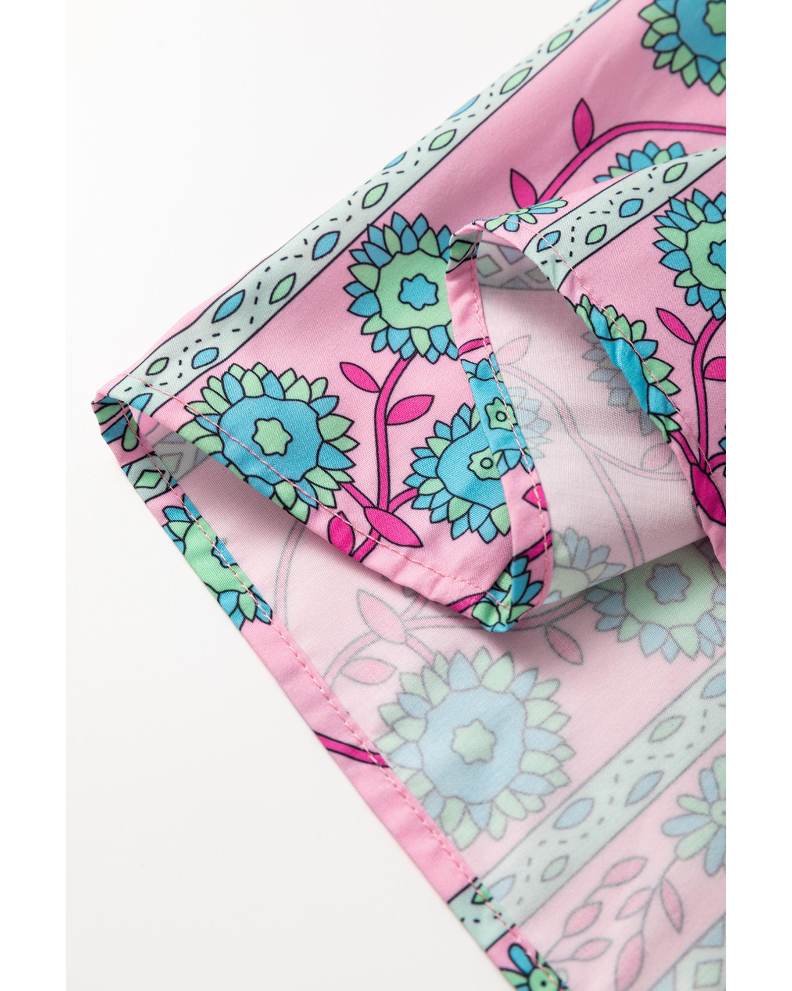 Pink Floral Shirred Puff Sleeve Buttoned Front Midi Dress with Sash - XL 3