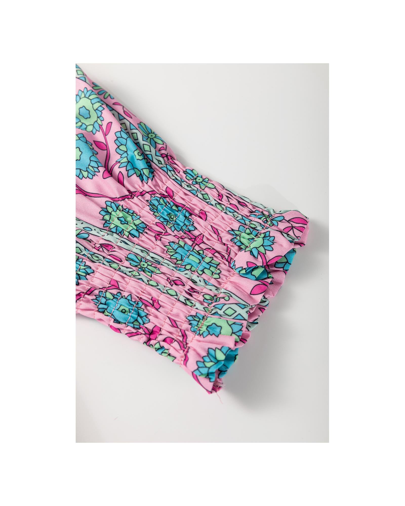 Pink Floral Shirred Puff Sleeve Buttoned Front Midi Dress with Sash - XL 5