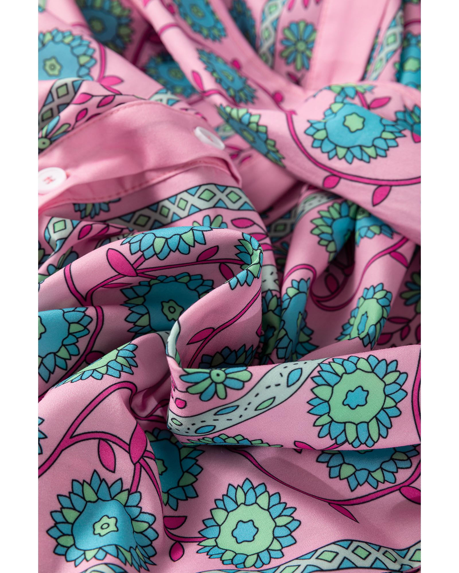 Pink Floral Shirred Puff Sleeve Buttoned Front Midi Dress with Sash - XL 6