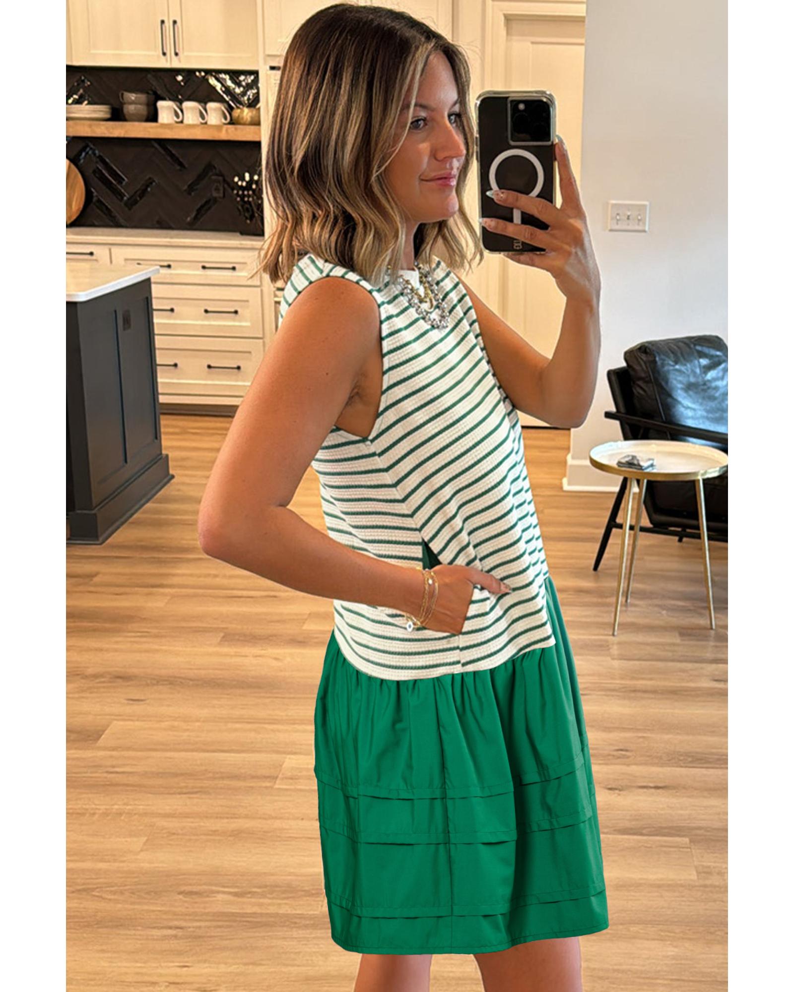 Green Stripe Woven Ruffled Sleeveless Mini Dress - S