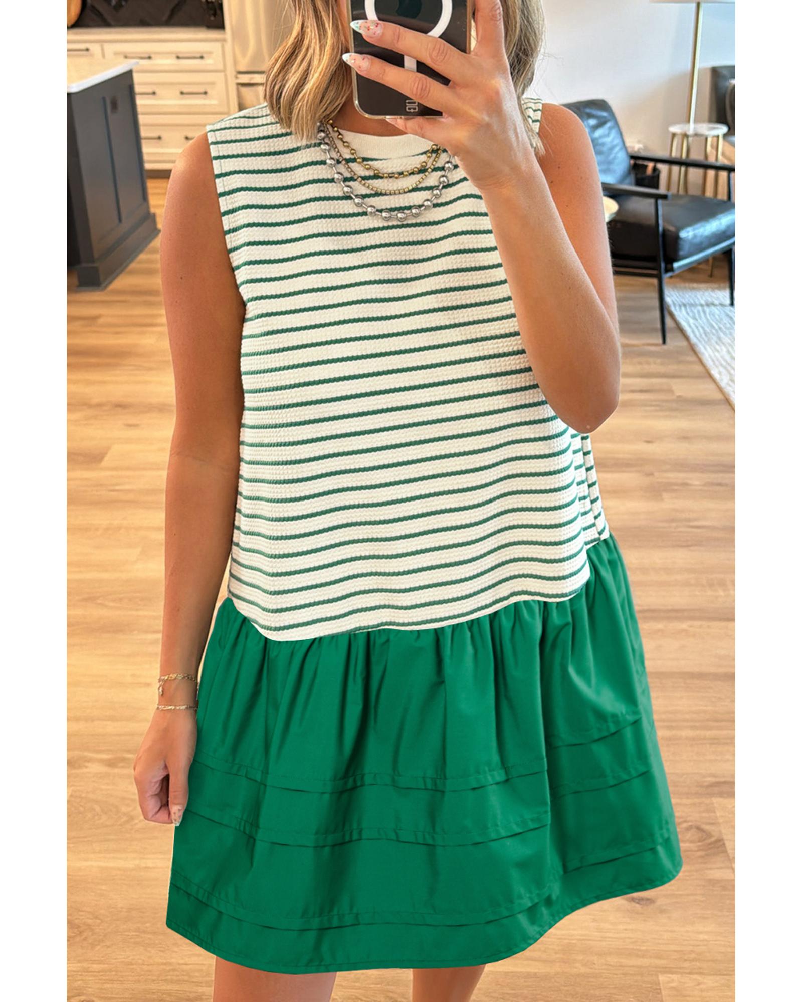 Green Stripe Woven Ruffled Sleeveless Mini Dress - XL