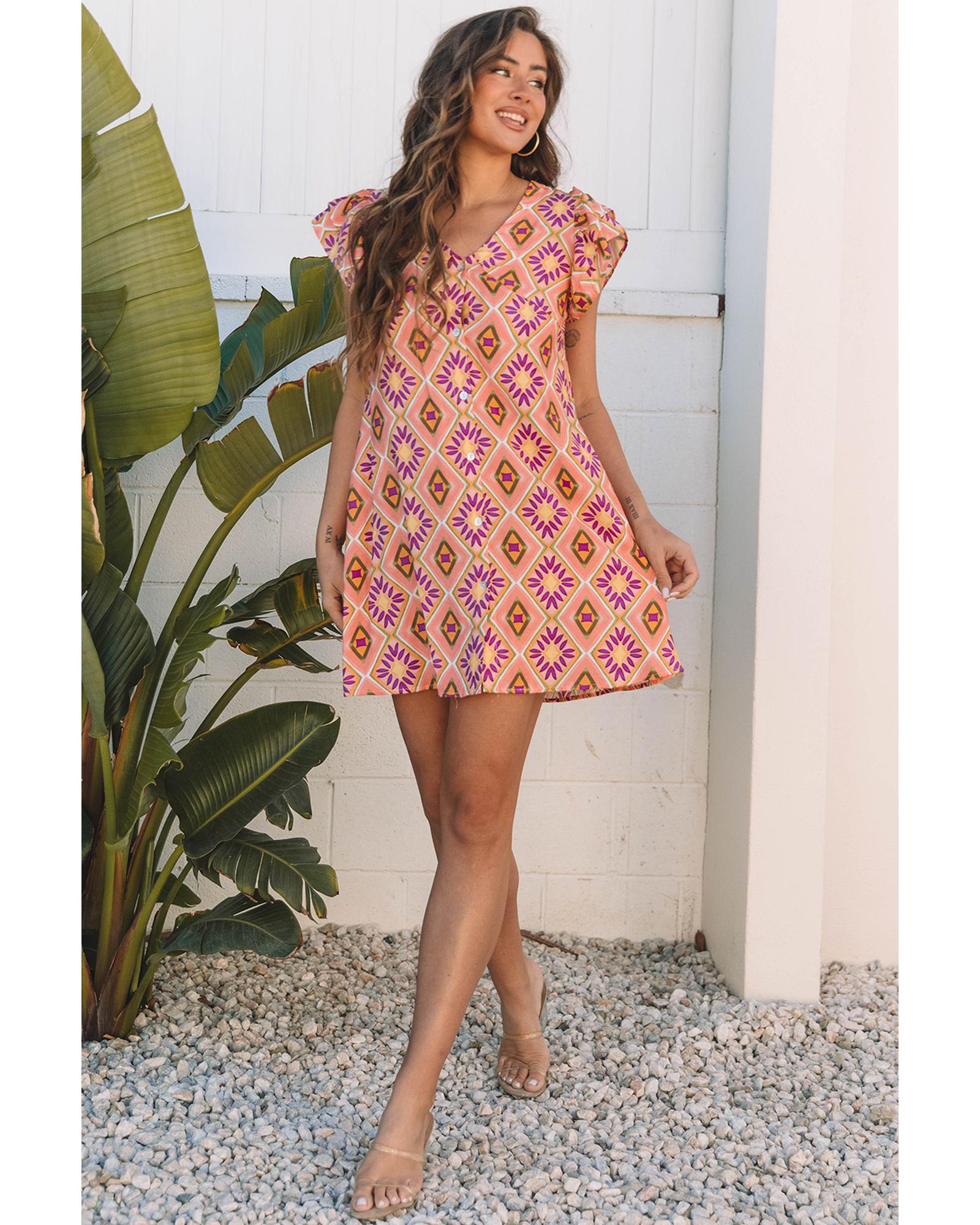 Orange Geometric Floral V Neck Buttoned Ruffled Sleeve Mini Dress - L 6