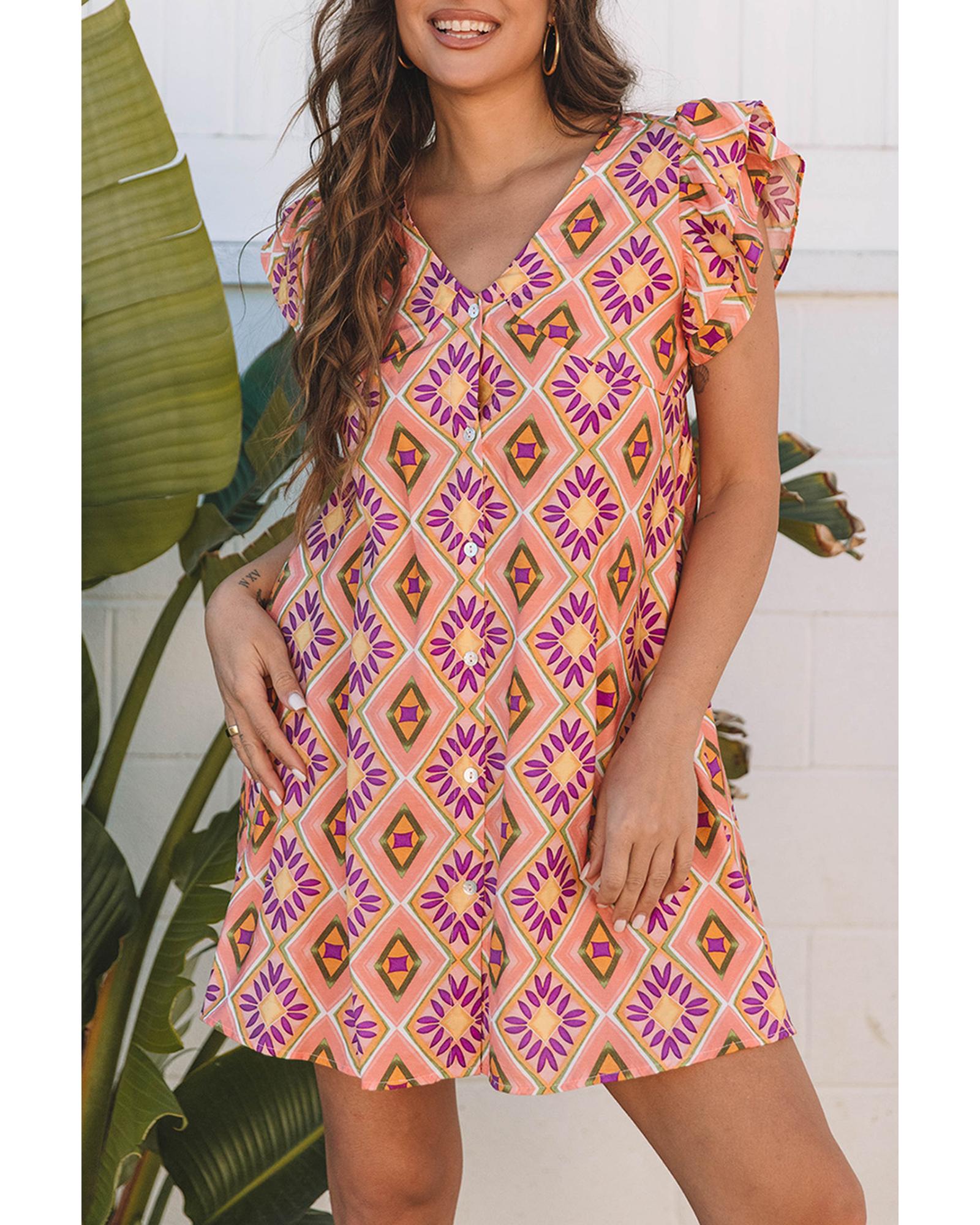 Orange Geometric Floral V Neck Buttoned Ruffled Sleeve Mini Dress - L 7