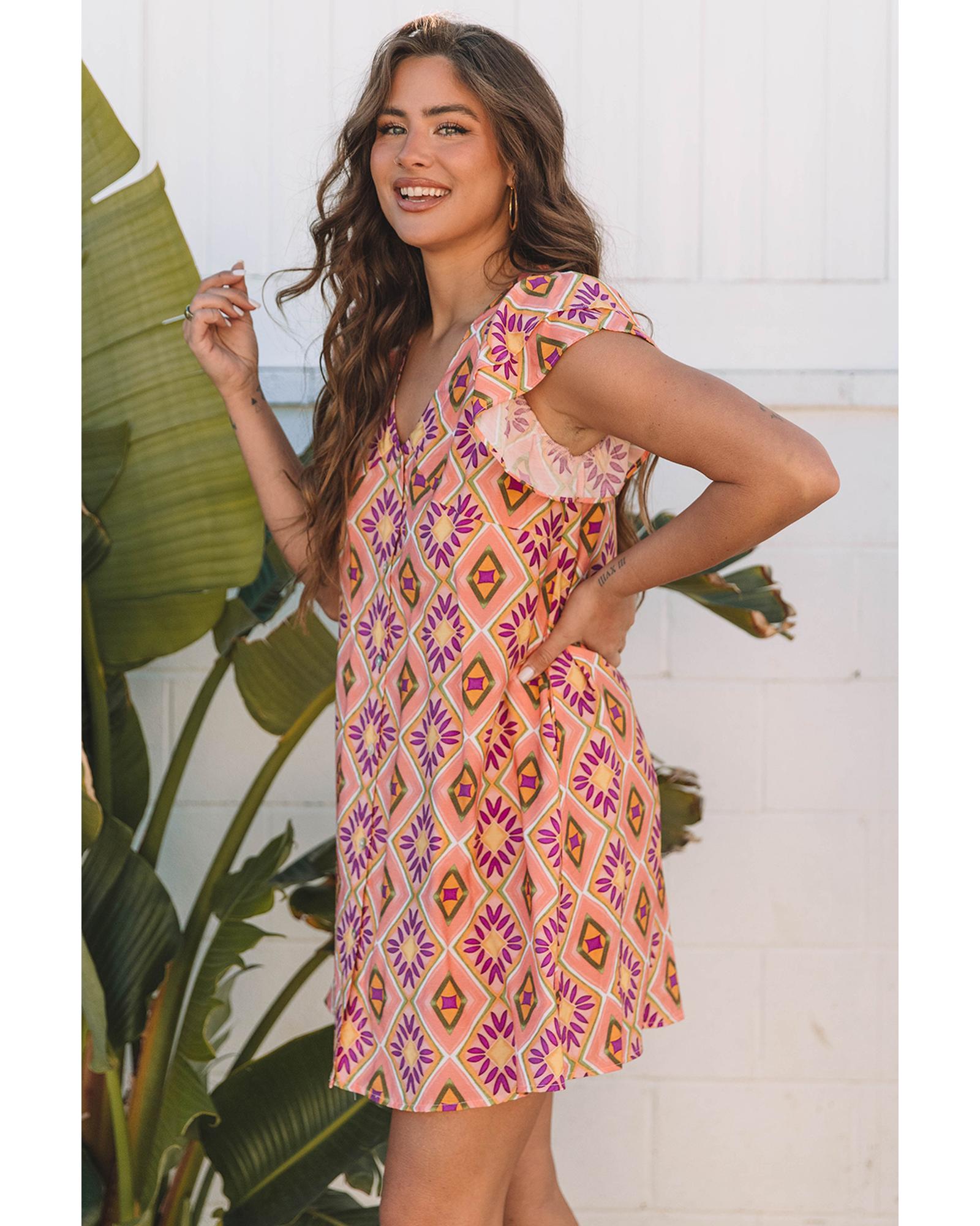 Orange Geometric Floral V Neck Buttoned Ruffled Sleeve Mini Dress - M 3