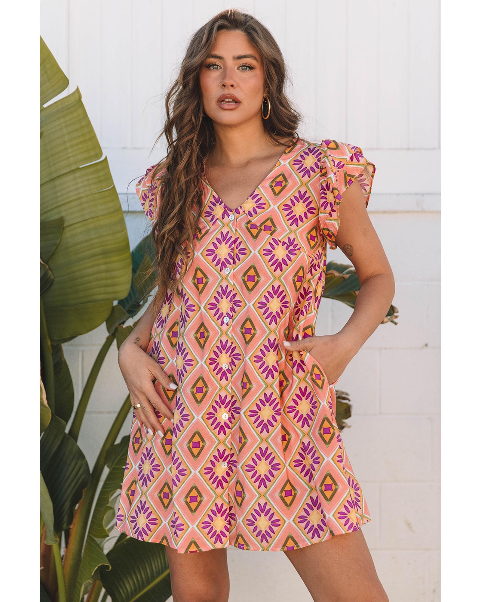 Orange Geometric Floral V Neck Buttoned Ruffled Sleeve Mini Dress - M 4